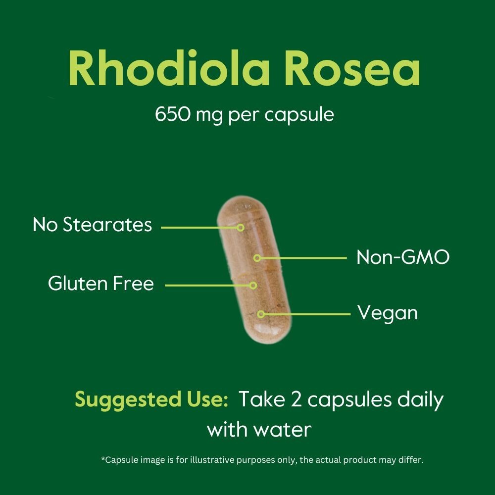 Rhodiola Rosea 650mg (120 Vegetarian Capsules)- Non GMO- Gluten Free-Vegan