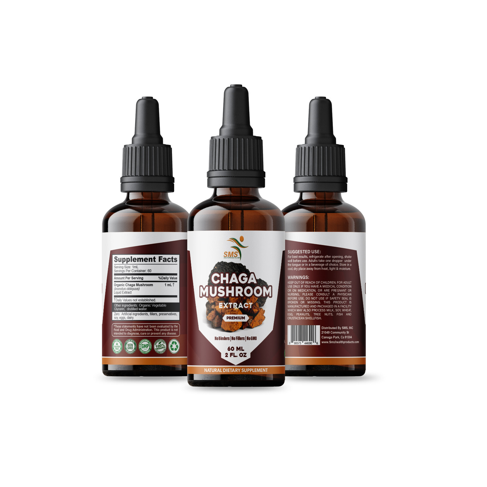 Chaga Mushroom Extract Organic Non GMO Tincture Liquid Herbal Drops 2 Fl Oz