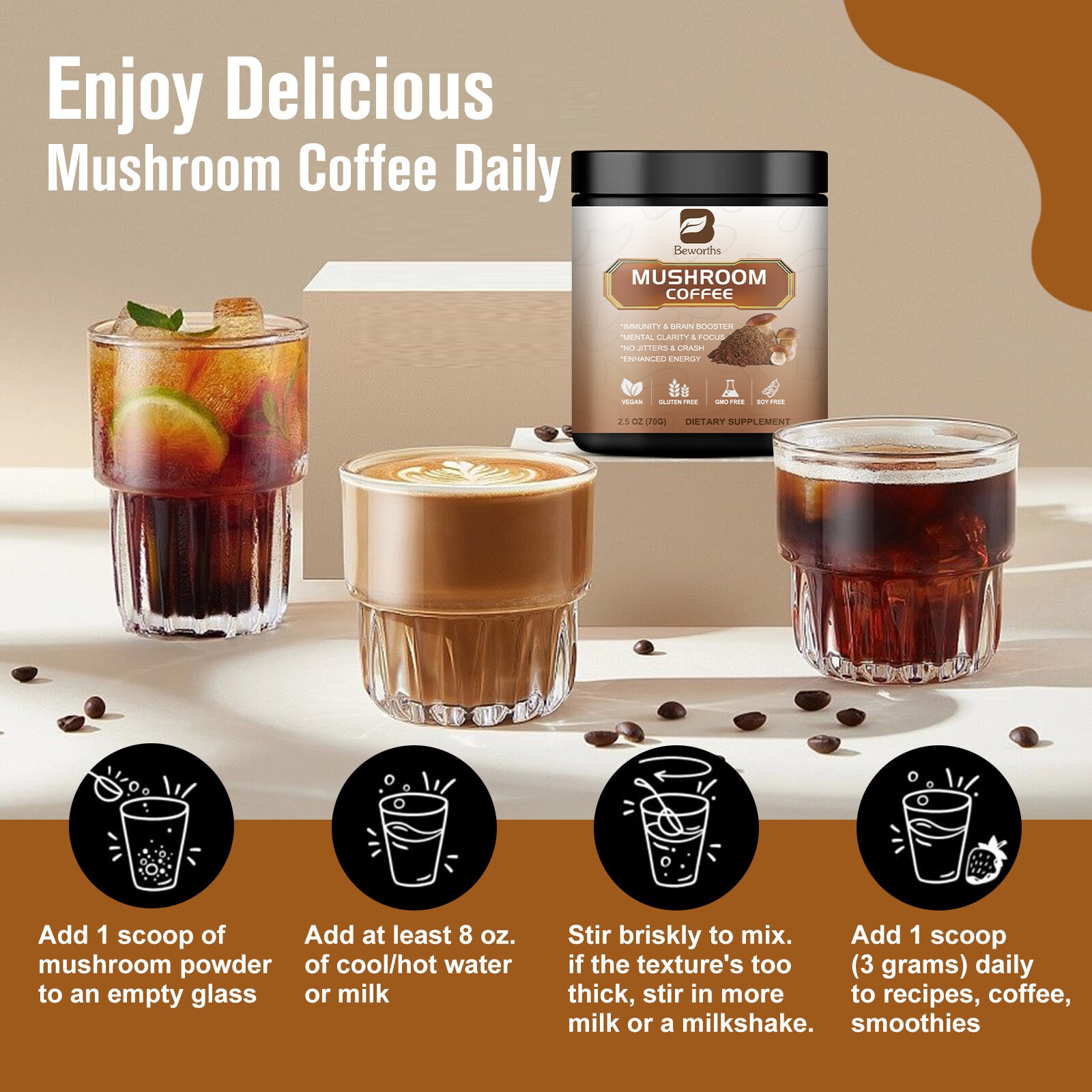 1x Mushroom Coffee Powder Lions Mane Reishi Immunity & Brain Booster 70g
