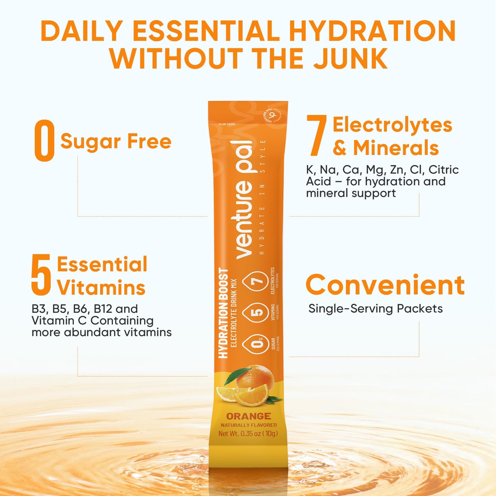 Venture Pal Sugar Free Electrolytes Powder 5.6 Ounce (Pack of 1), V3-orange