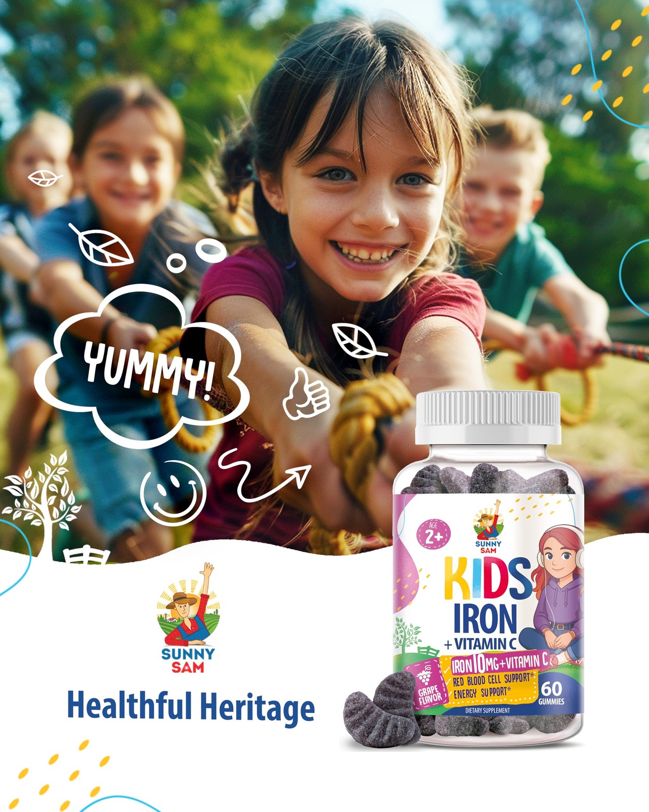 SUNNY SAM Iron Gummies for Kids & Teens – 10mg 60 Count (Pack of 1)