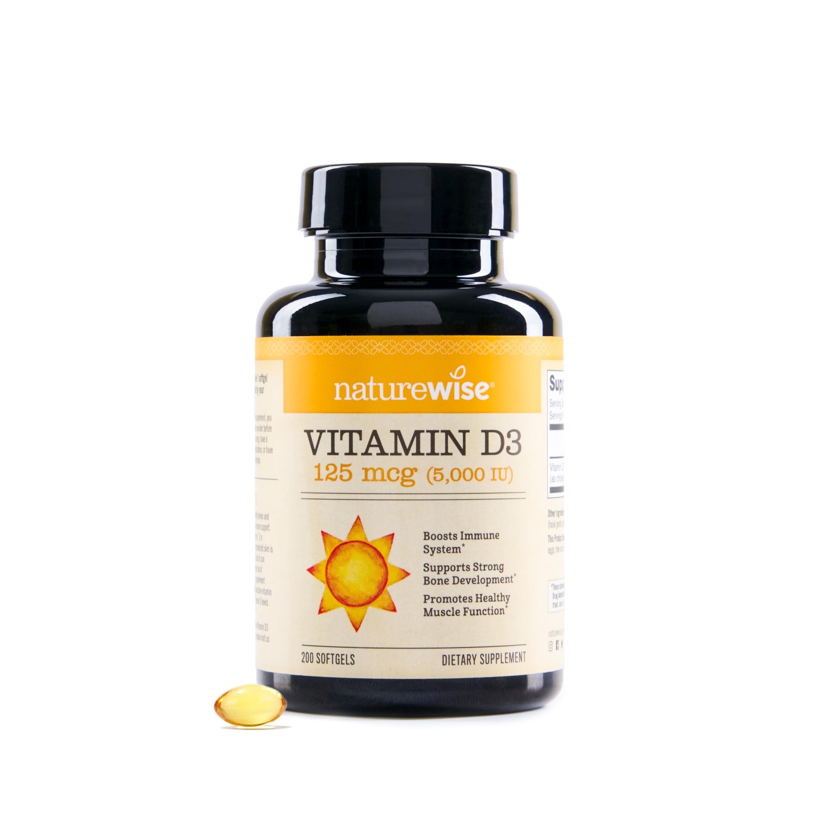 NatureWise Vitamin D3 5000iu (125 mcg) 200-Day 200 Count (Pack of 1), Yellow