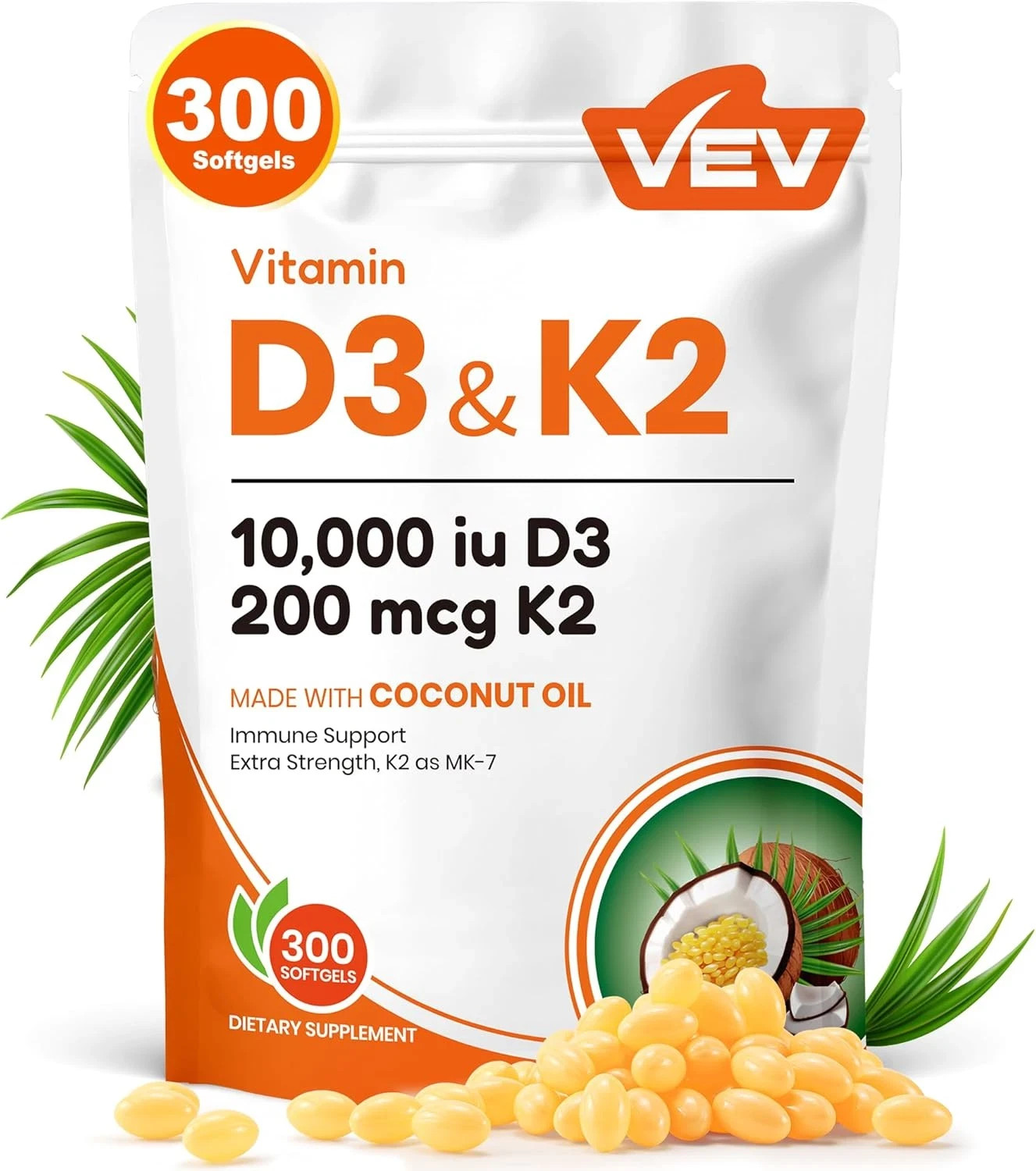 VEV Vitamin D3 Con K2 10000 IU, 300 Virgin Coconut Oil Softgels, 2 in 1 Vitamin