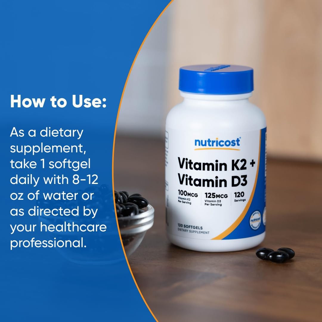 Nutricost Vitamin D3 + K2 (5000 IU / 100mcg MK7), 120 Count (Pack of 1)