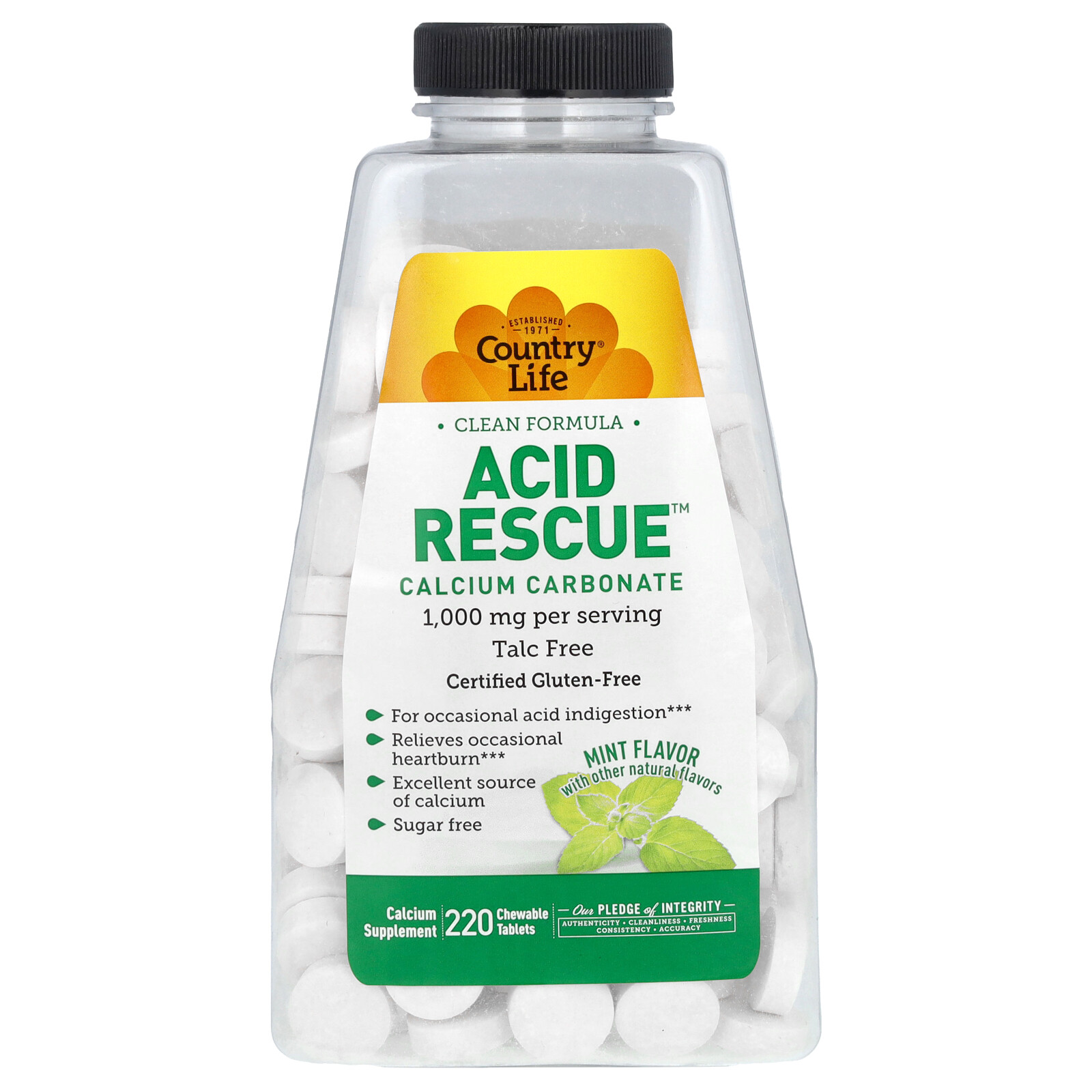 Acid Rescue, Calcium Carbonate, Mint, 1,000 mg, 220 Chewable Tablets (500 mg per