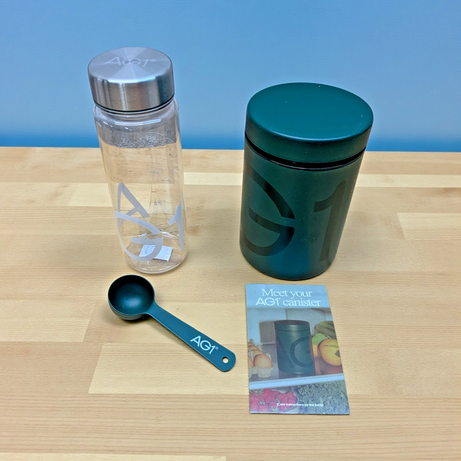 AG1 Athletic Greens Stainless Steel Canister with Metal Scoop & Shaker Bottle