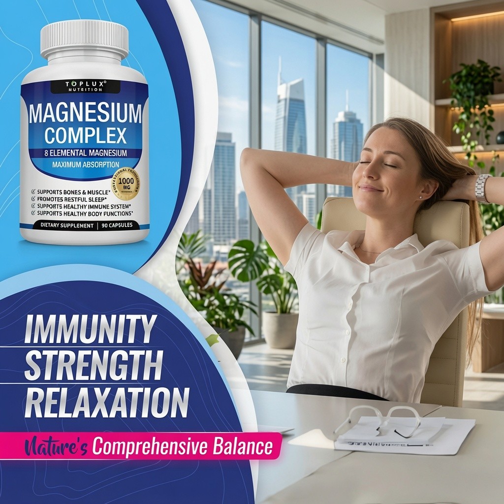 Toplux Nutrition Magnesium 1000mg 8 Types Bones Immune Sleep 90 Caps
