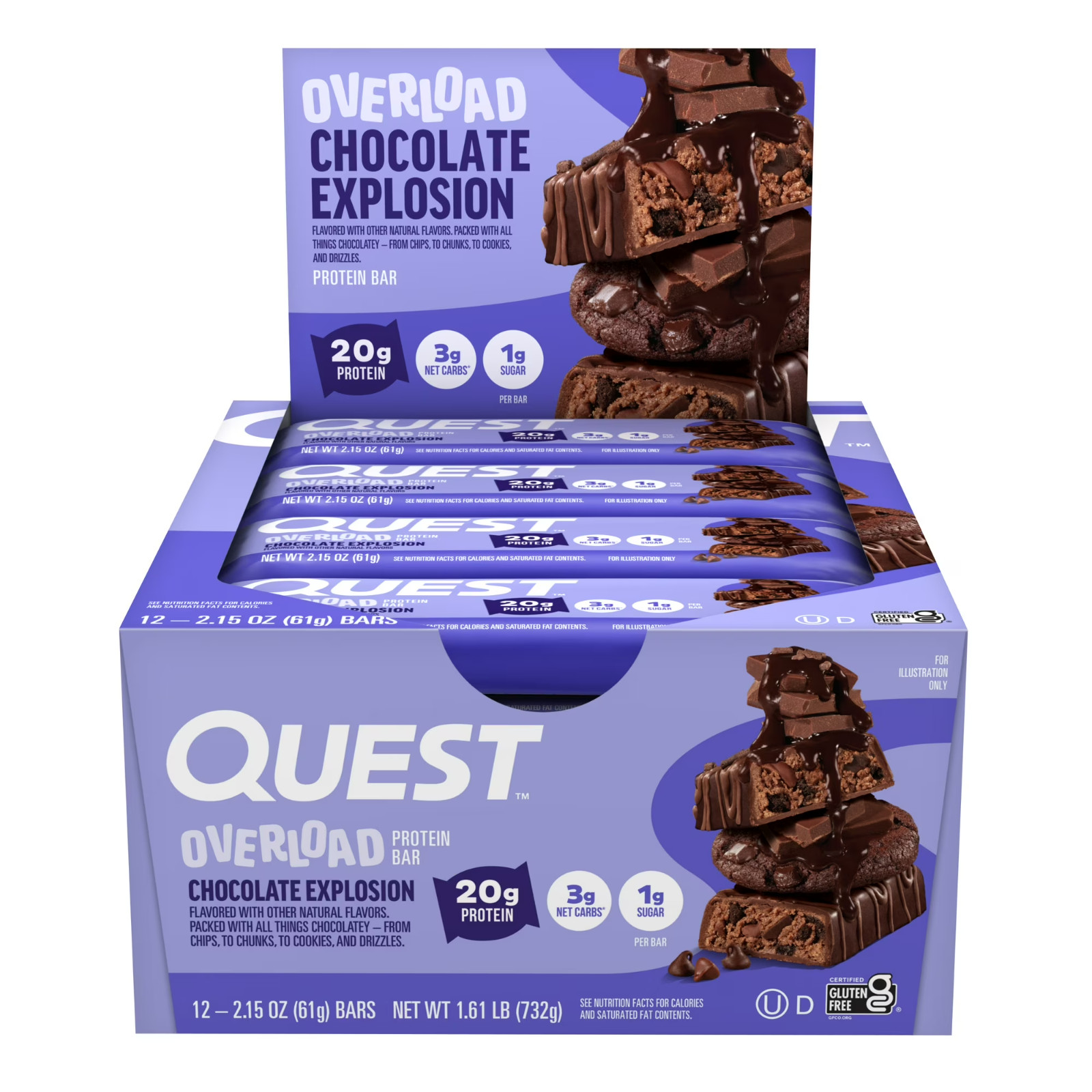 Quest Overload Protein Bars Chocolate Explosion 20g Protein Gluten Free 12 Ct