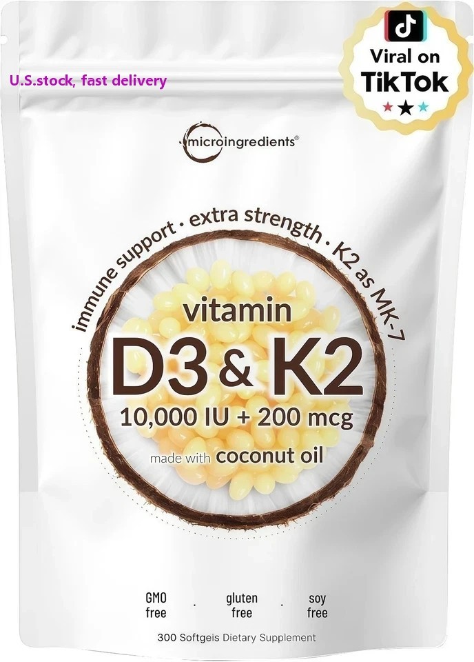 Vitamin D3 10000 iu Plus K2 (MK-7) 200 mcg, 300 Virgin Coconut Oil Softgels NEW