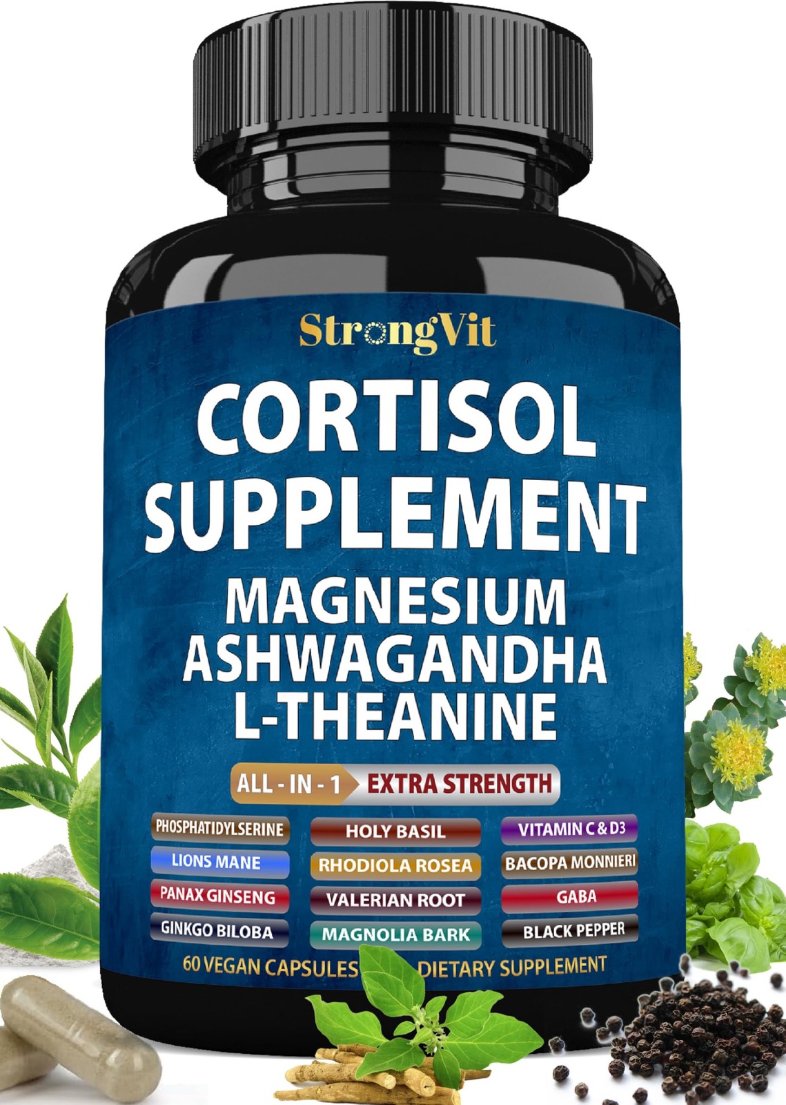 StrongVit Cortisol Supplements for Women and Men with Magnesium, Ashwagandha …