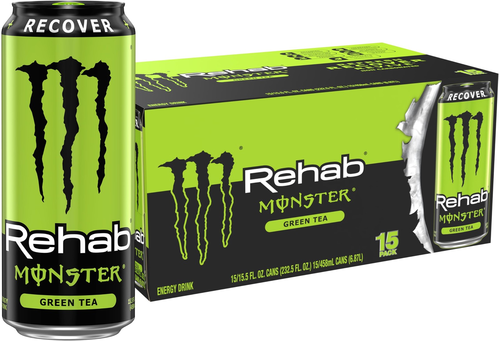 Rehab Green Tea + Energy, Energy Iced Tea, Energy Drink 15.5 Ounce (Pack of 15)
