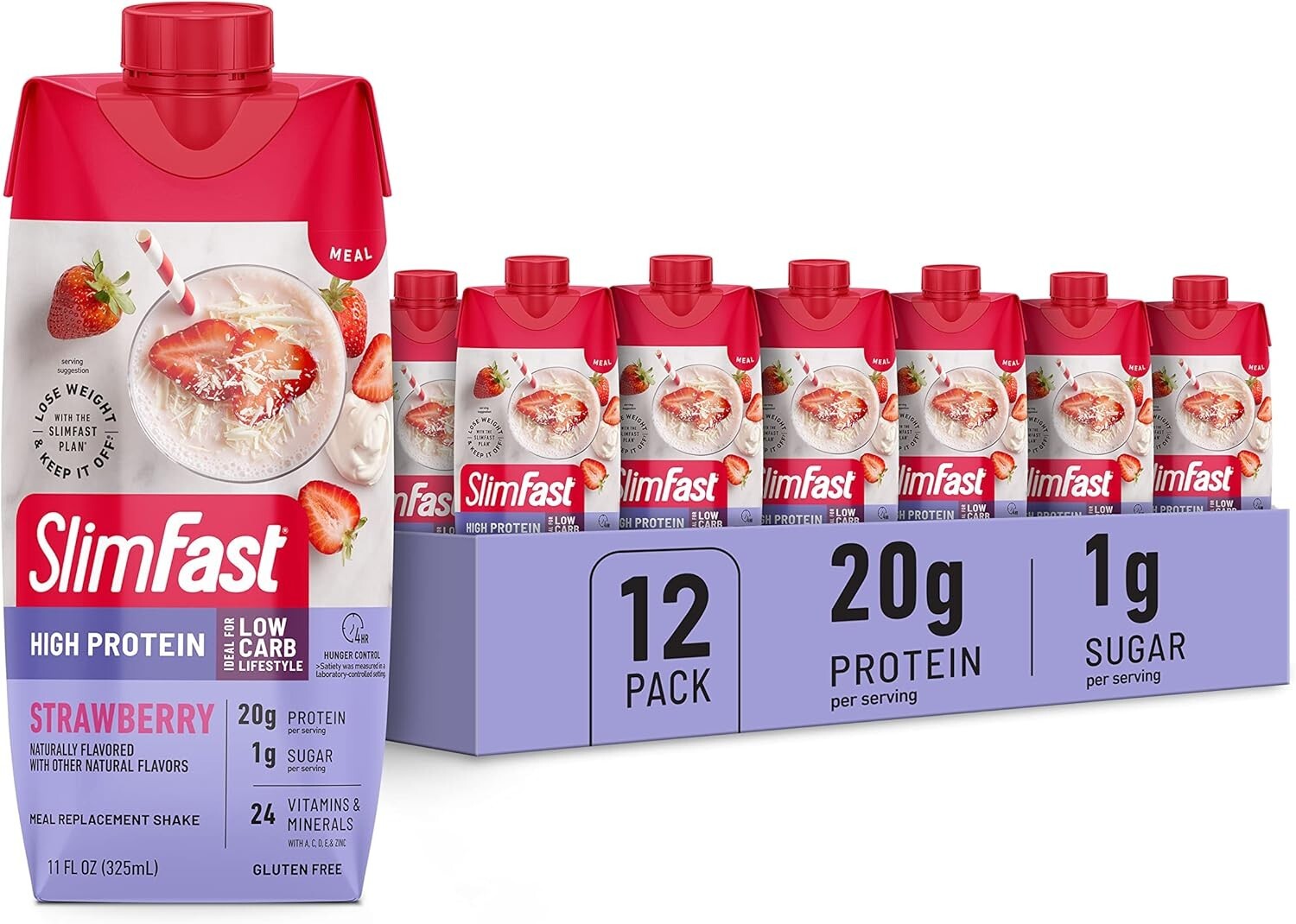 Meal Replacement Protein Shake, Strawberry Flavor, 12 Pack with 24 Vitamins