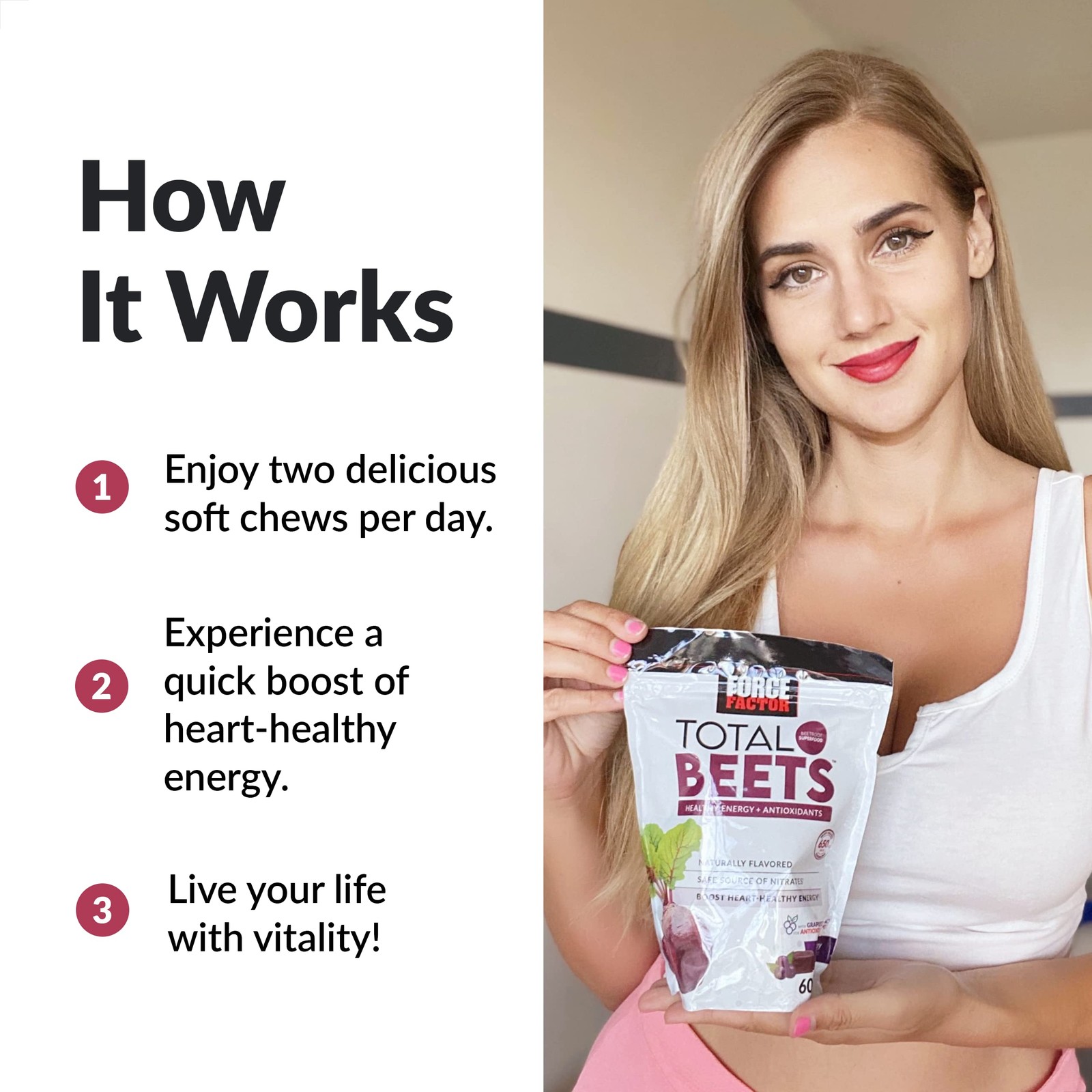 Force Factor Total Beets Soft Chews Beetroot Nitrates L-Citrulline Grapeseed