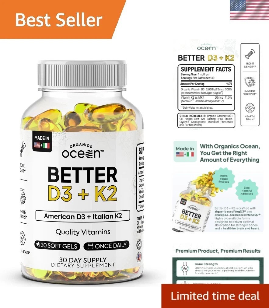 Clinically Proven Organic D3 + K2 Softgels – Maximum Bioavailability, 30 Count