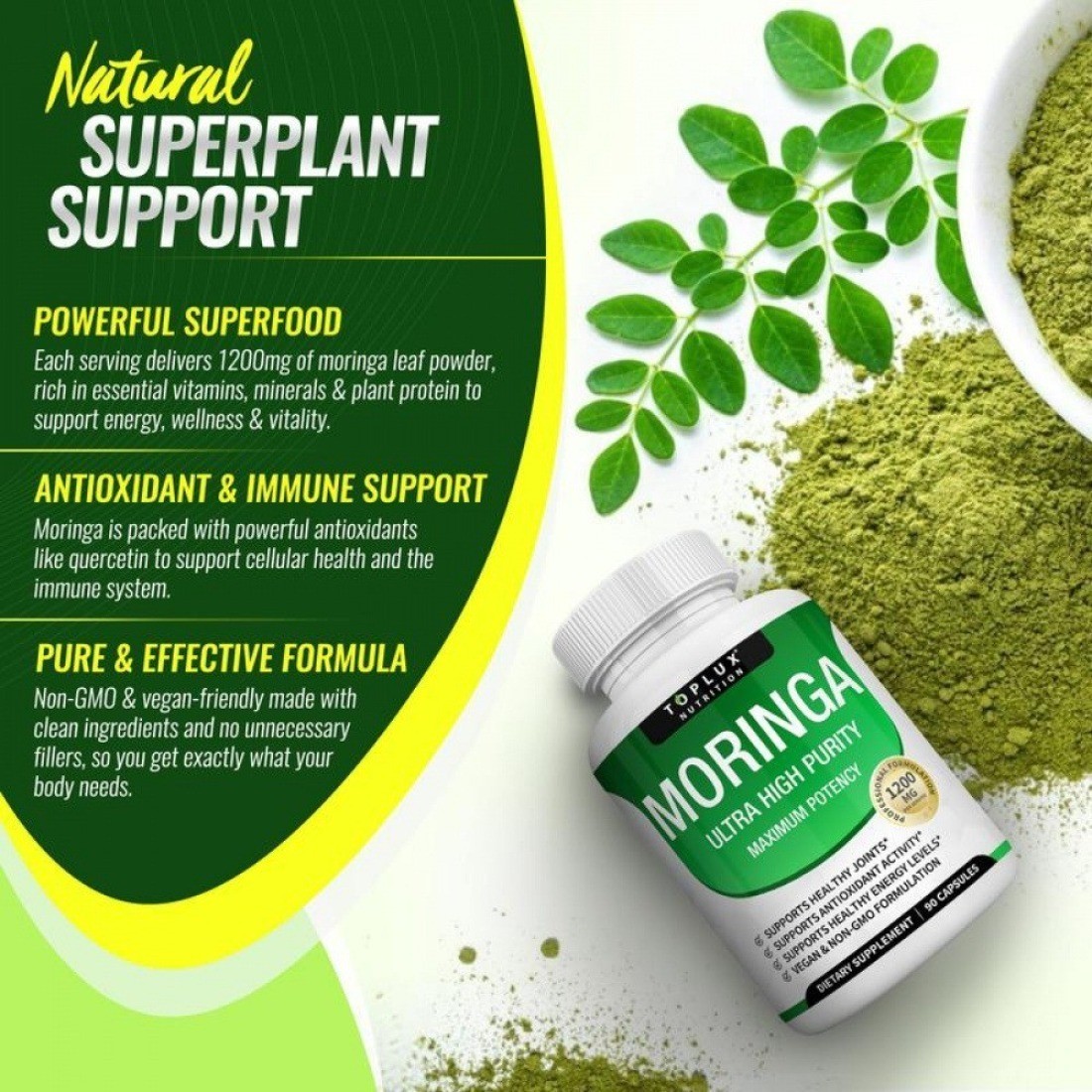 TOPLUX Moringa Capsules 1200mg Pure Moringa Powder Immune Gut health 90Capsules