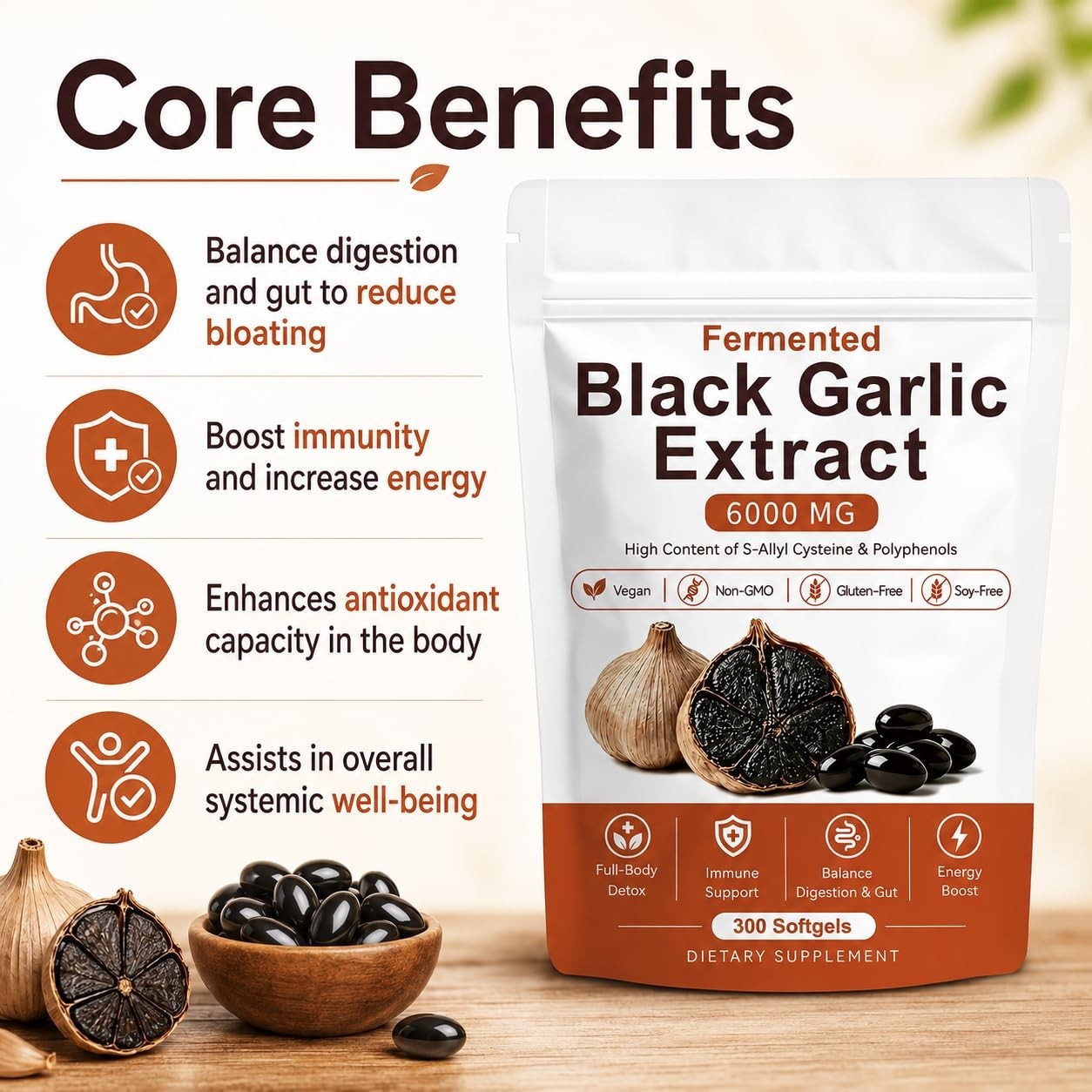 Odorless Fermented Black Garlic Extract – Vegan Immunity Support, Energy Boost,