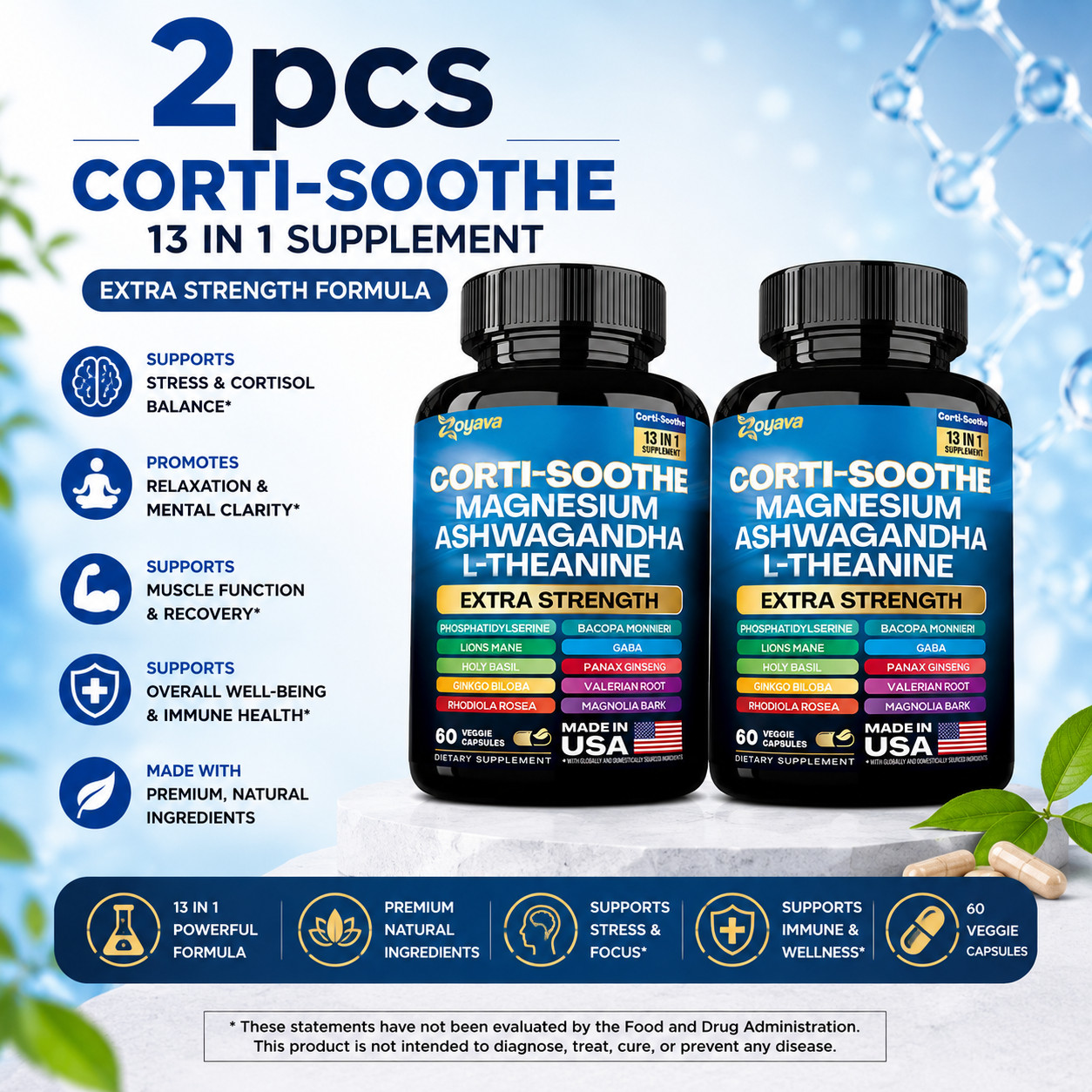 CORTI-SOOTHE Cortisol Magnesium Ashwagandha L-theanine – Relieve Stress