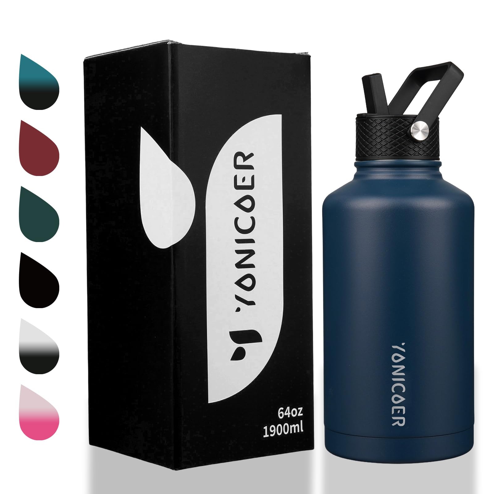 YONICOER Insulated Water Bottle 64oz,Triple Wall Vacuum 64 Ounces, Navy Blue