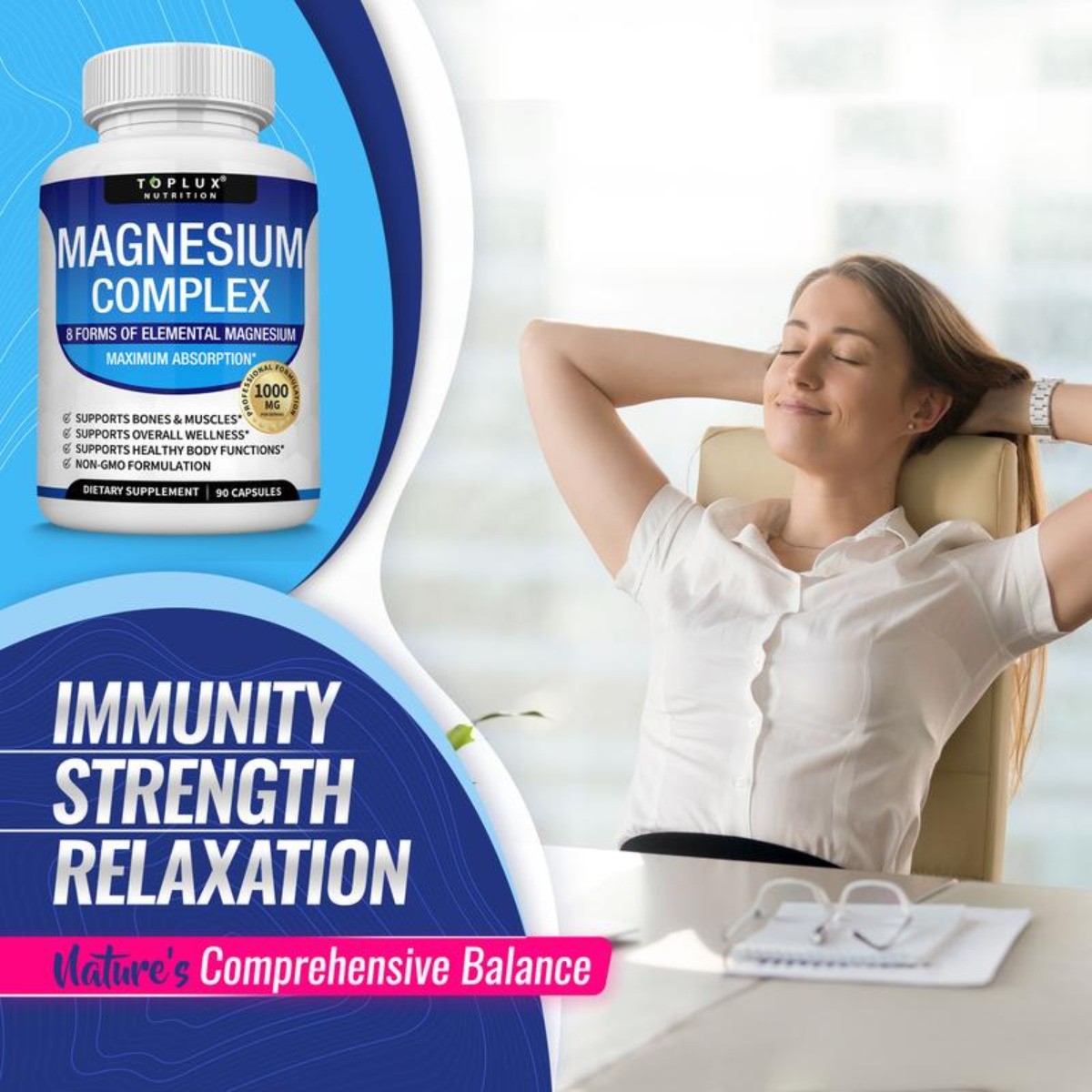 TopLux Magnesium Complex 1000mg. 7 Types designed for Sleep, Muscle & Bone, 90