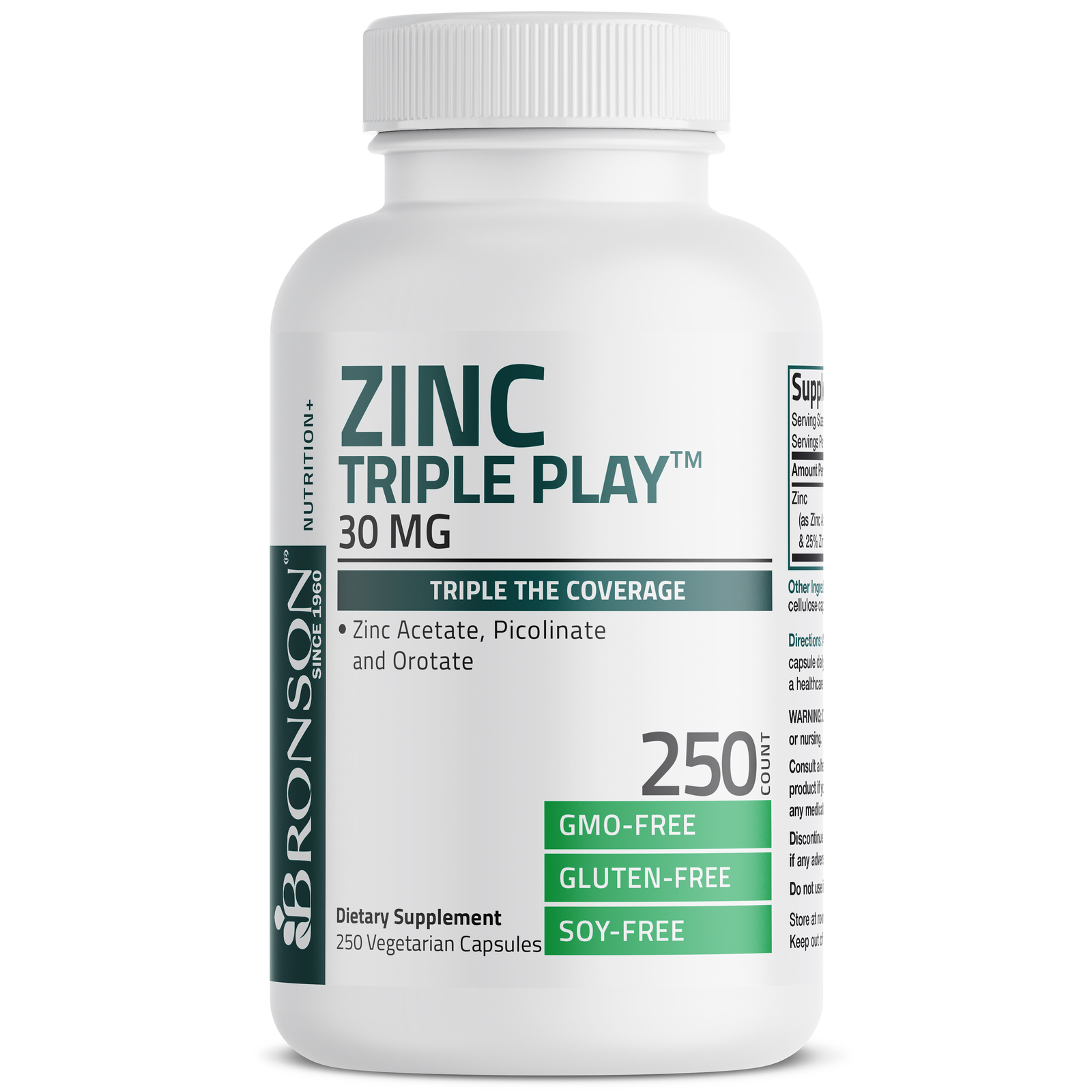 Bronson Zinc Triple Play 30 mg Zinc Acetate, Picolinate & Orotate, 250 Capsules