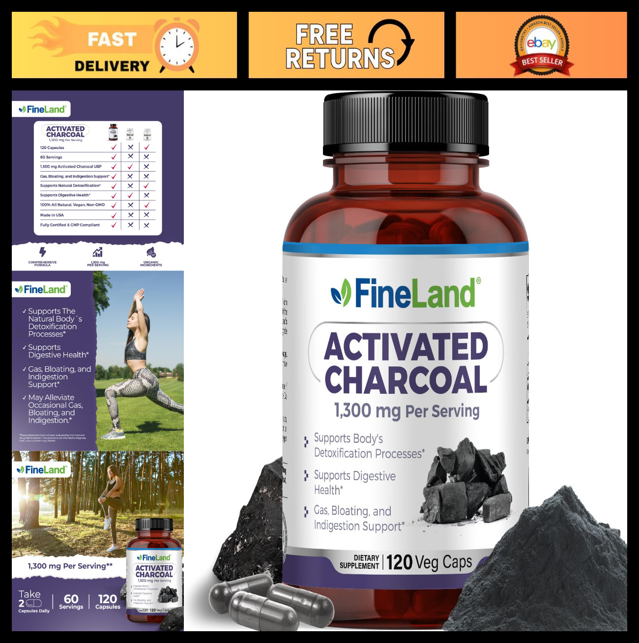 Activated Charcoal 1300mg – Digestive Detox Cleanse, Gas & Bloating Relief, 120