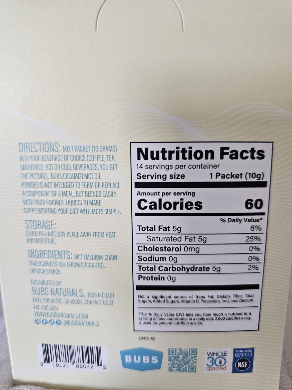 BUBS Naturals MCT Oil Powder Unflavored Vegan Keto 14 Packets 4.9oz