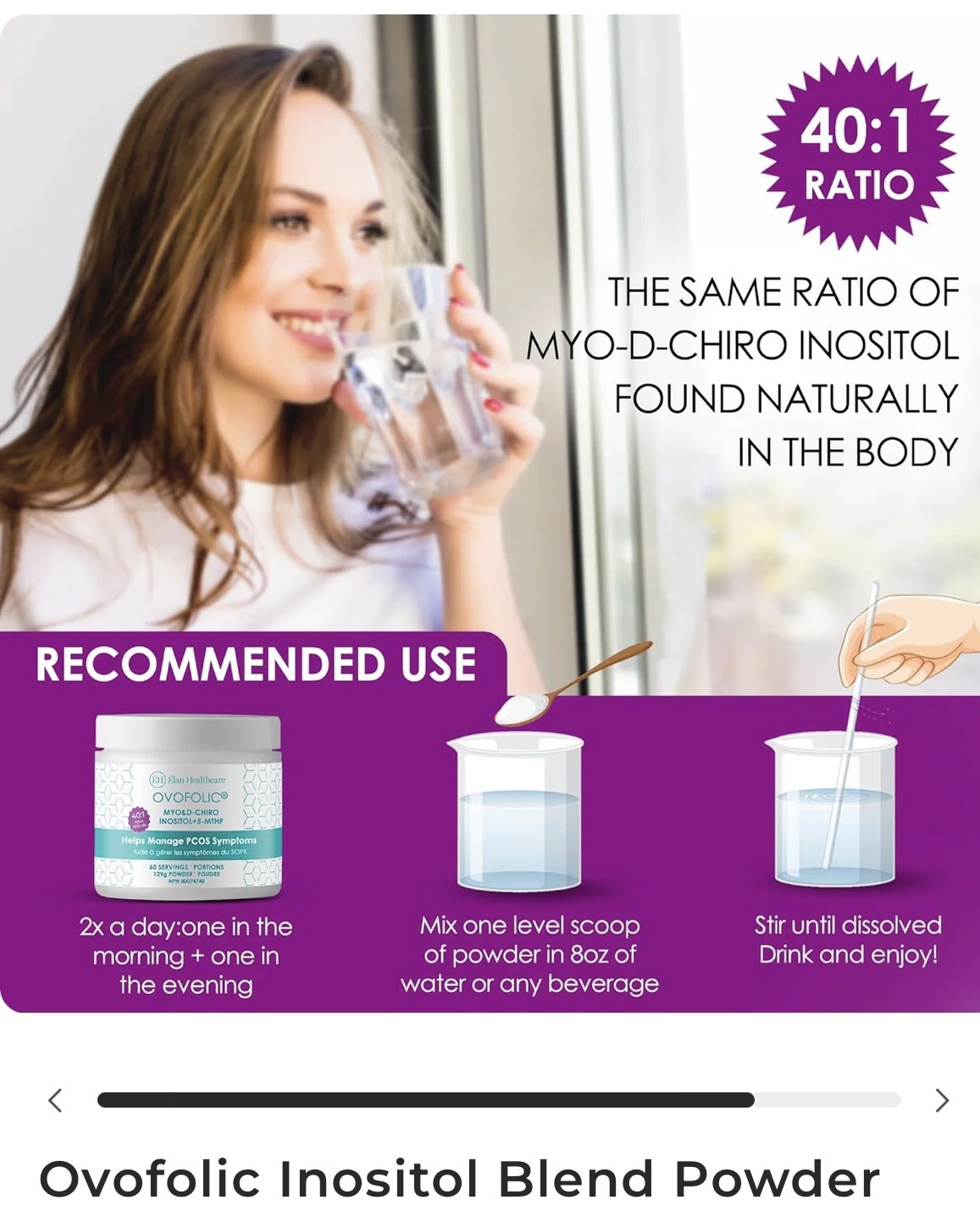 Ovofolic® 60 servings Myo-Inositol & D-Chiro Inositol 40:1 Ratio Elan PCOS women