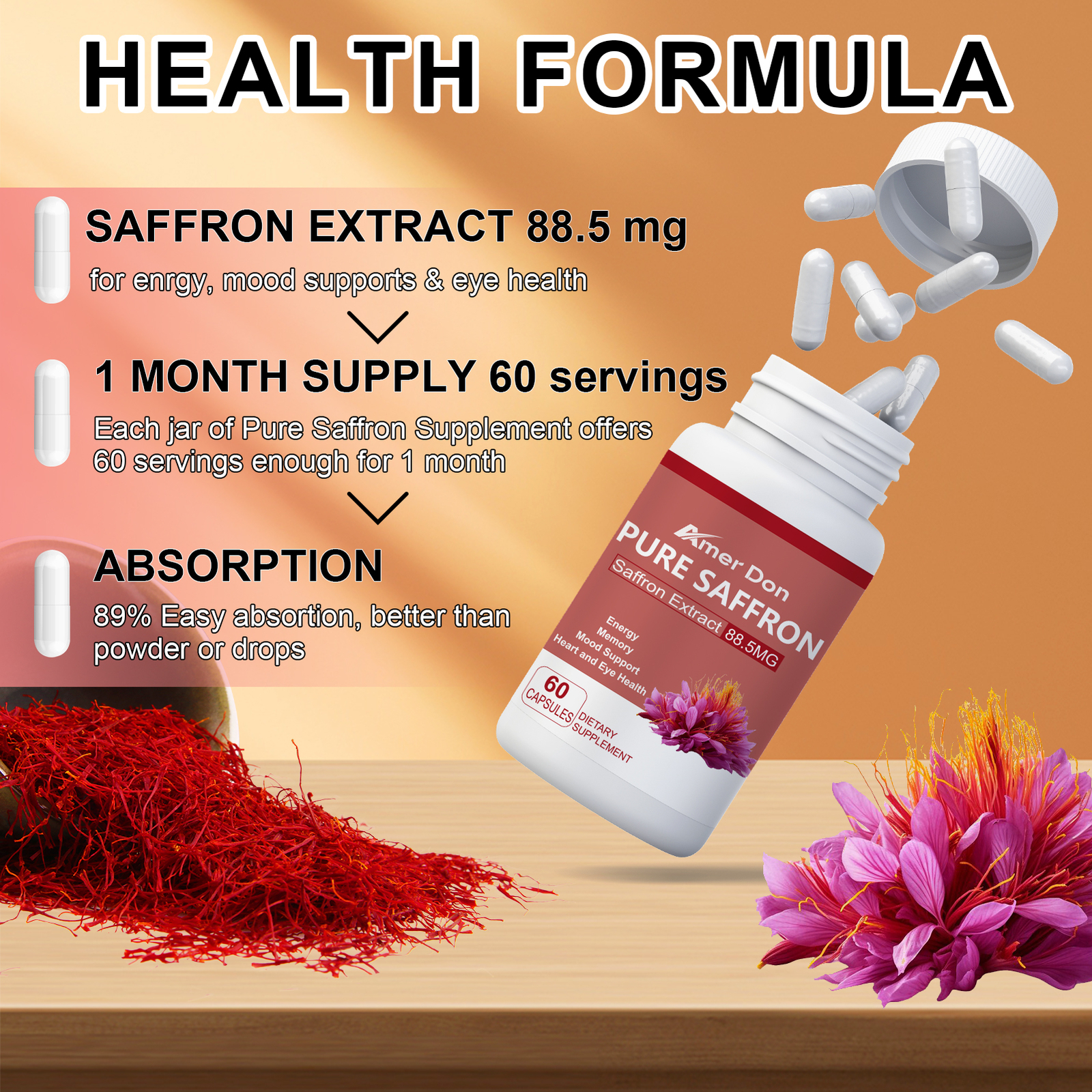 Herbal Supplements Full Spectrum Saffron Whole Ground Stigmas 88.5 mg – 60 Days