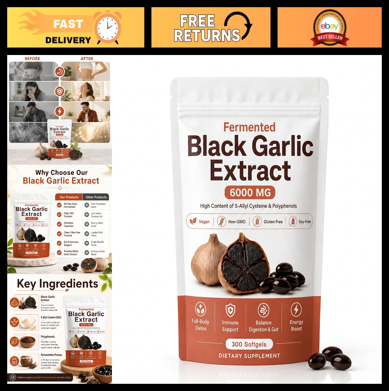 Odorless Fermented Black Garlic Extract – Vegan Immunity Support, Energy Boost,
