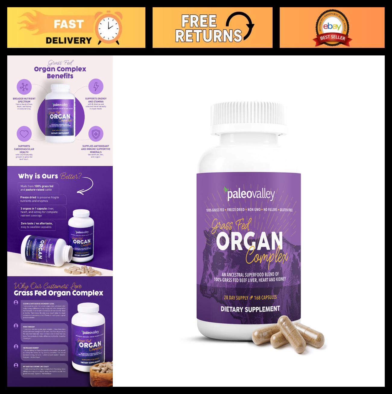 Grass-Fed Beef Organ Complex – Freeze-Dried Liver, Heart & Kidney Blend, 1 Bottl
