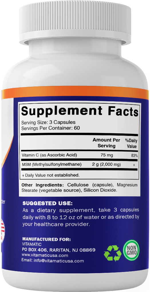 Vitamatic MSM 2000 mg with Vitamin C 75mg per Serving – 180 Veg Capsules-2 Pack