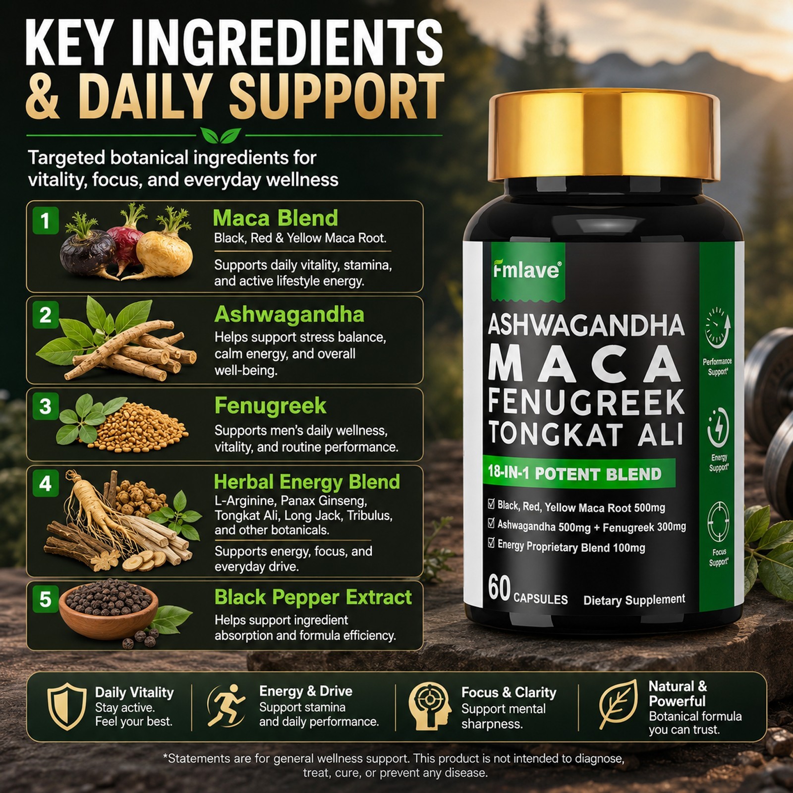 Maca Ashwagandha Panax Ginseng 60 Capsules Supports Desire Stamina Performance