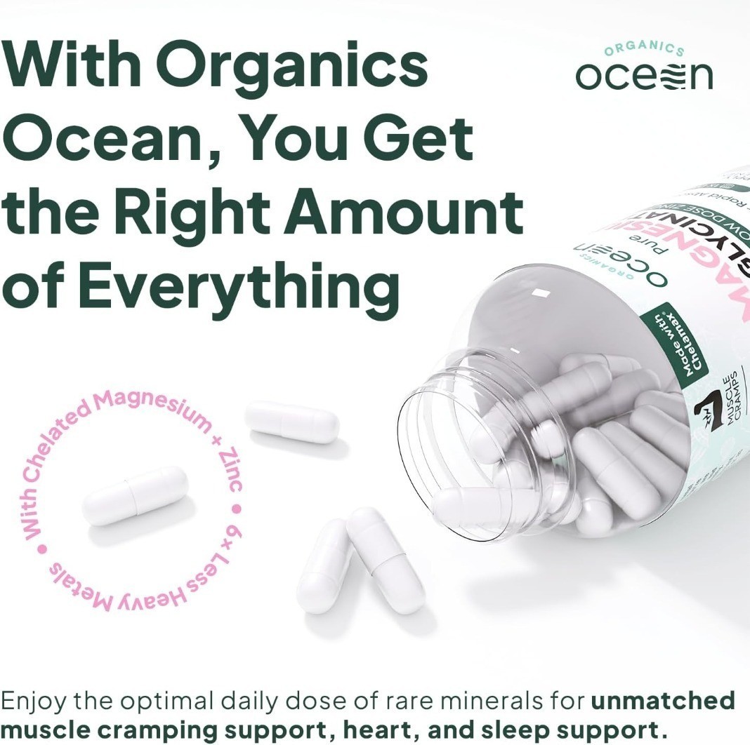 2 Bottle Organics Ocean Pure Magnesium Glycinate with Zinc, 90 Capsules,Chelated