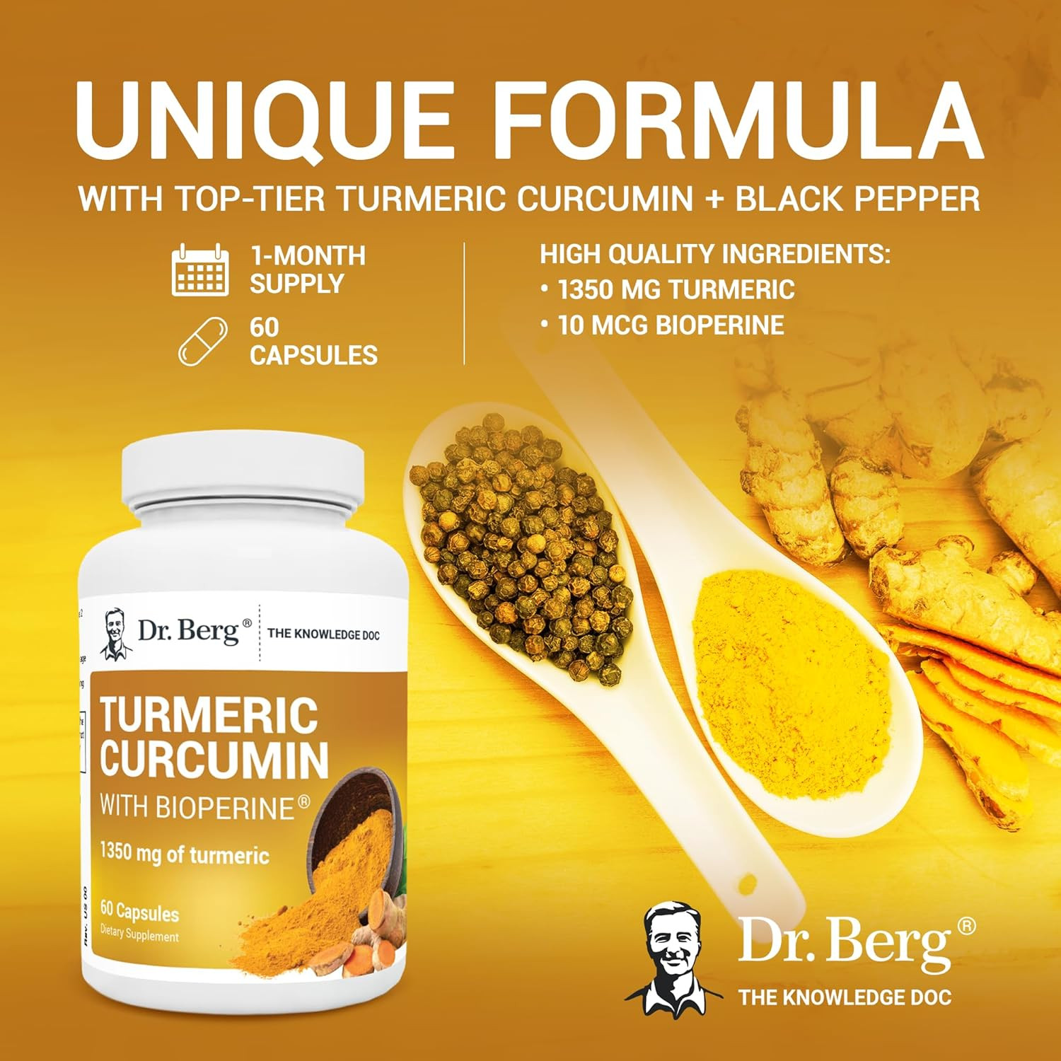 Dr. Berg Turmeric Curcumin Supplement with Bioperine, 1350mg, 60 Capsules