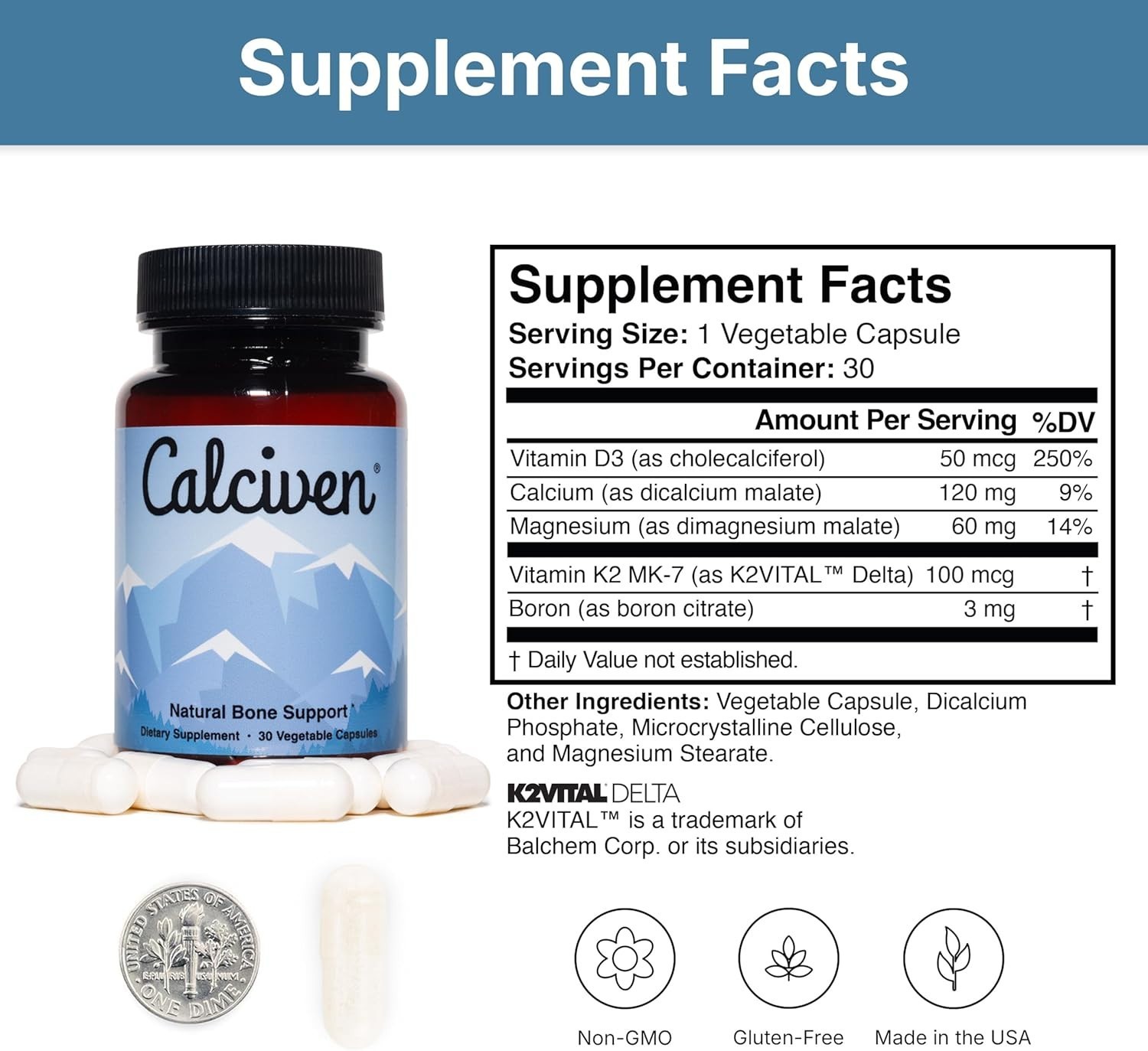 plant-based Bone Support Supplement – Non-Gmo, Gluten-Free – 30 Capsules