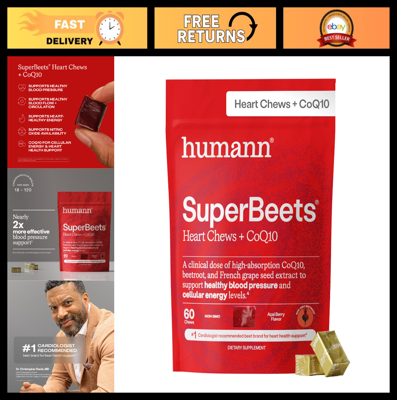 3-in-1 Heart Chews with CoQ10, Beetroot & Grape Seed Extract – 60 Count, Blood P