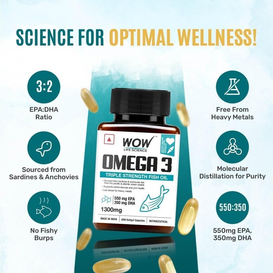 WOW Life Science Omega-3 Fish Oil 1300mg – For Men & Women – 3X Strength – 60Cap