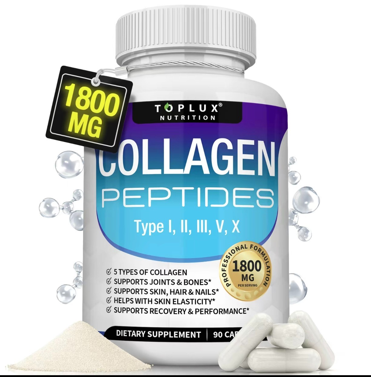 Toplux Collagen Peptides 1800mg | 5-Type Complex for Skin, Hair & Joint Relief