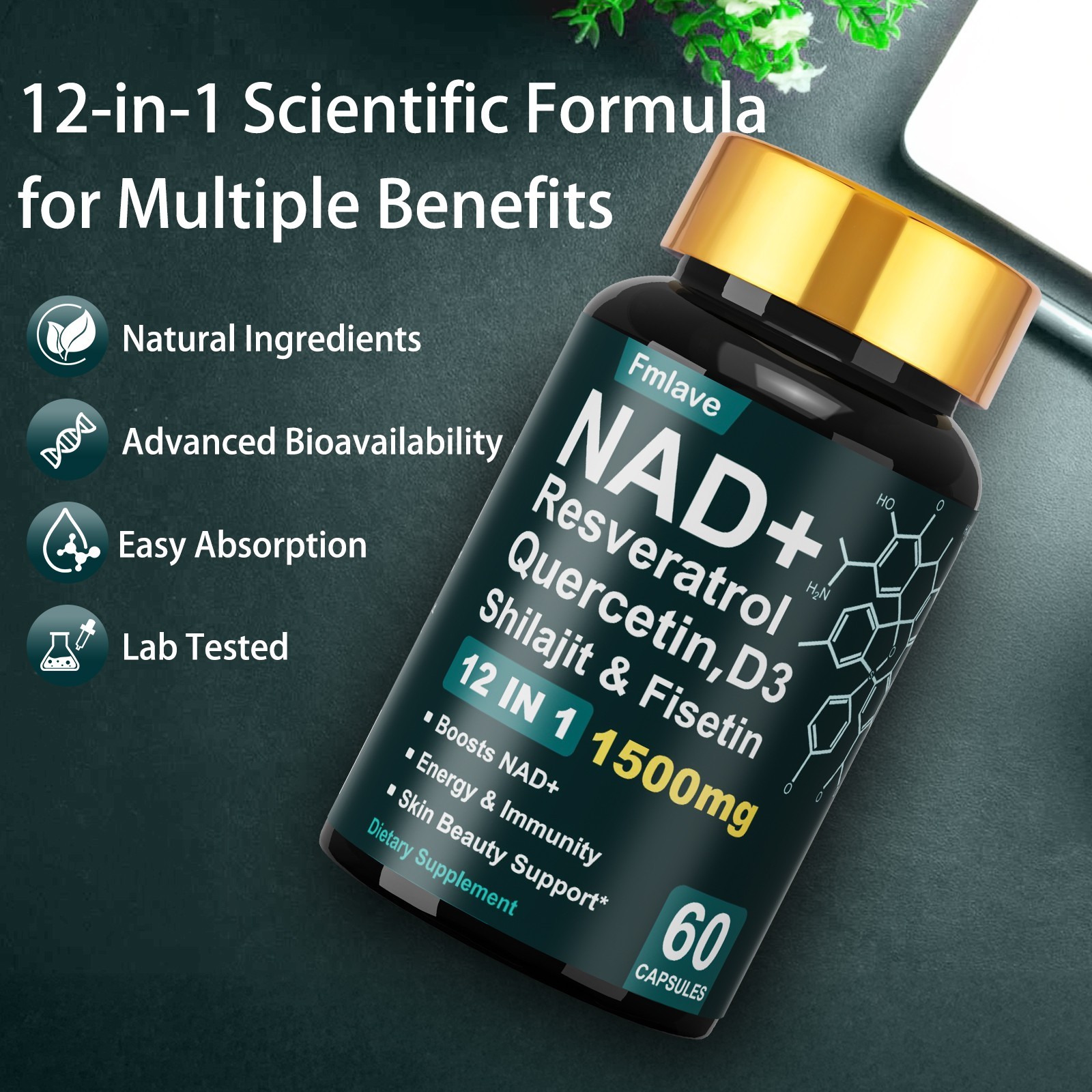 NAD + Resveratrol Quercetin D3, Shilajit & Fisetin, Enhance Cellular Energy 60ct