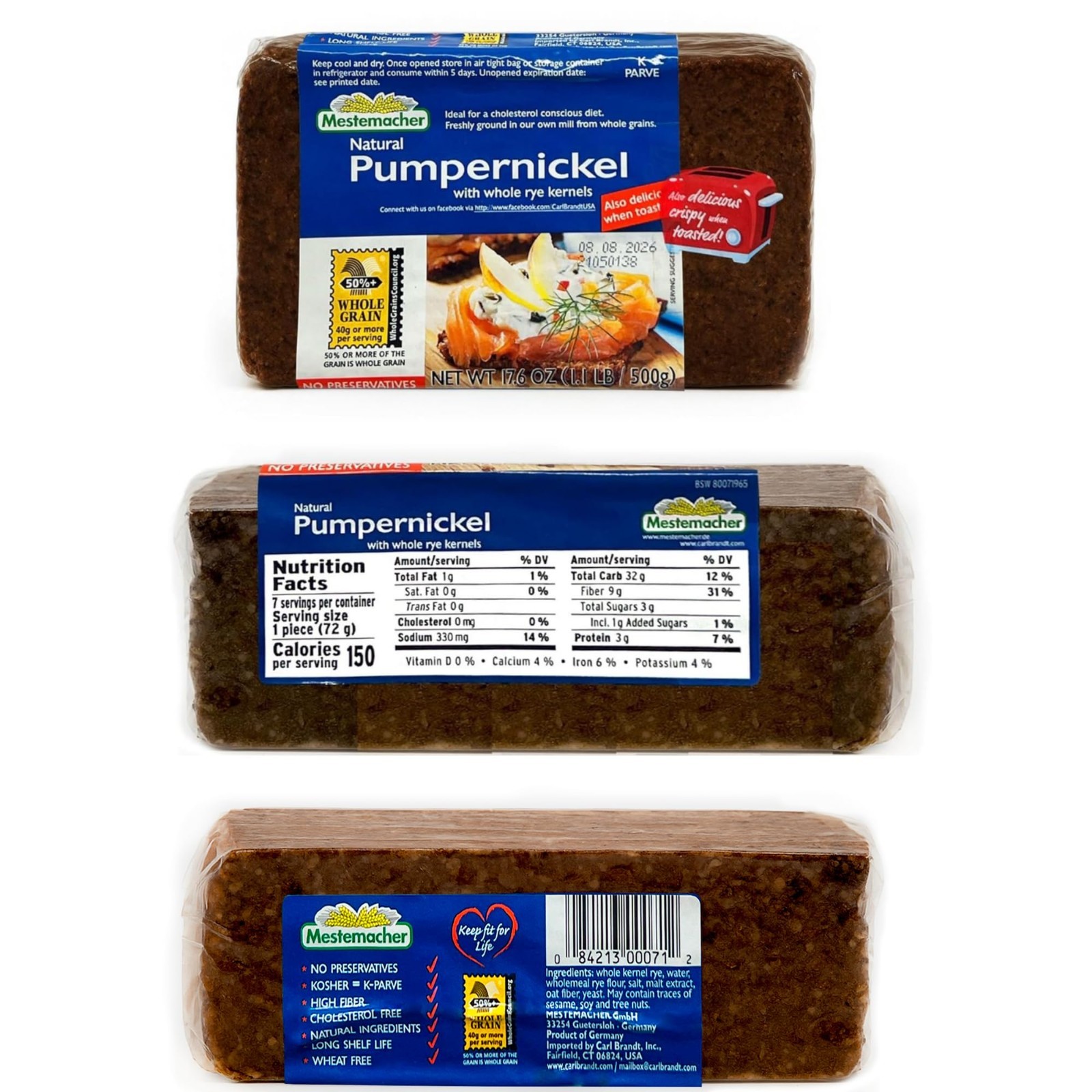 High Fiber Bread Variety Pack – Organic Three Grain, Pumpernickel & Whole Rye, 3