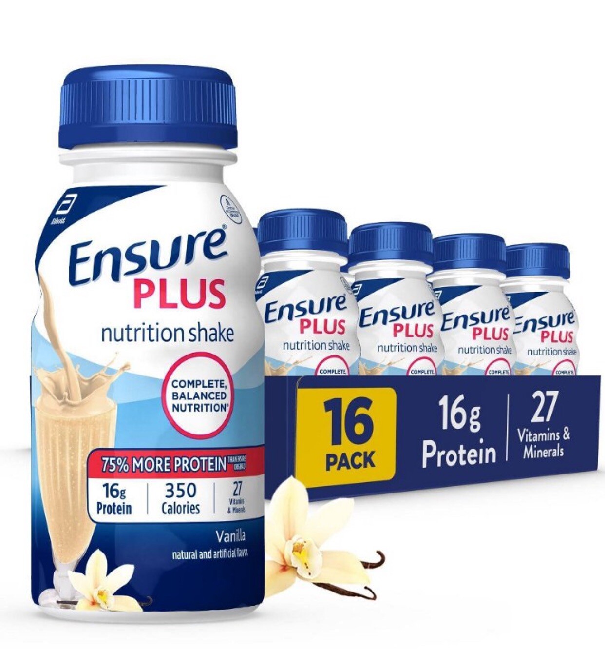 Ensure Plus Nutrition Vanilla Shake 8 fl.oz. 16 pk~27 Vitamins & 16g Protein