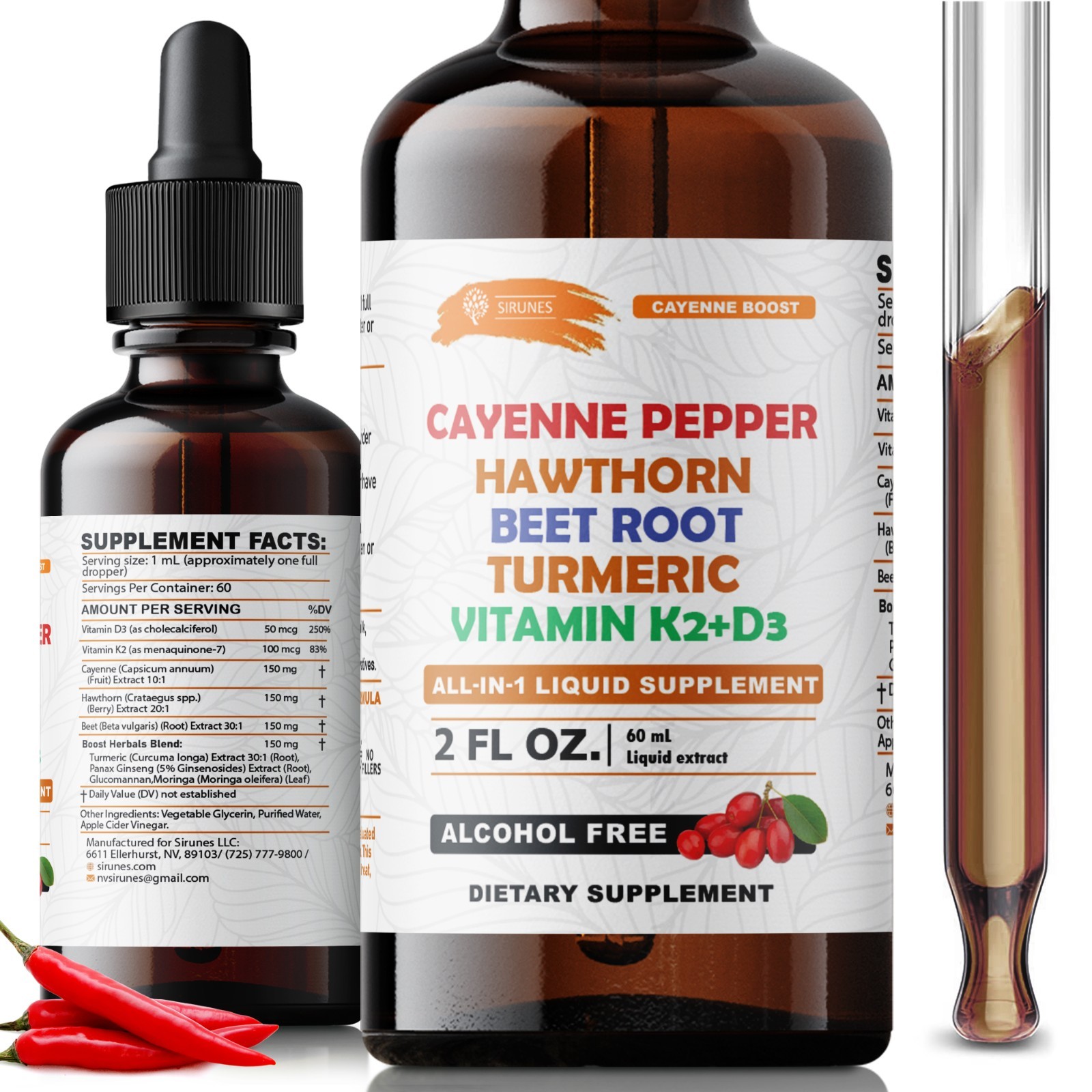 Cayenne Pepper Hawthorn Beet Root Turmeric K2 D3 Liquid Supplement 2oz Drops