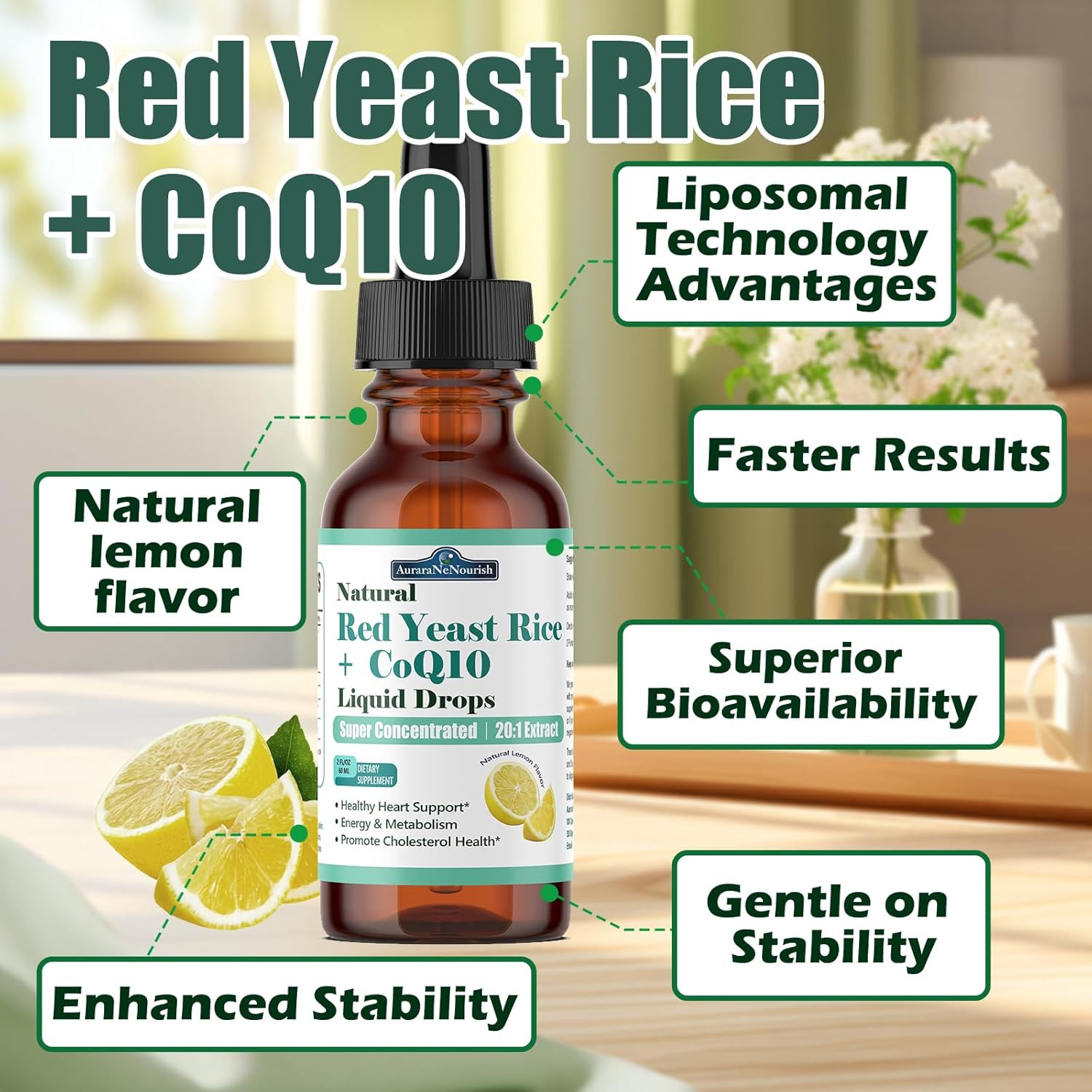 Liposomal Red Yeast Rice with Coq10 Liquid Drops, 5-in-1 Extra Strength 1200mg C