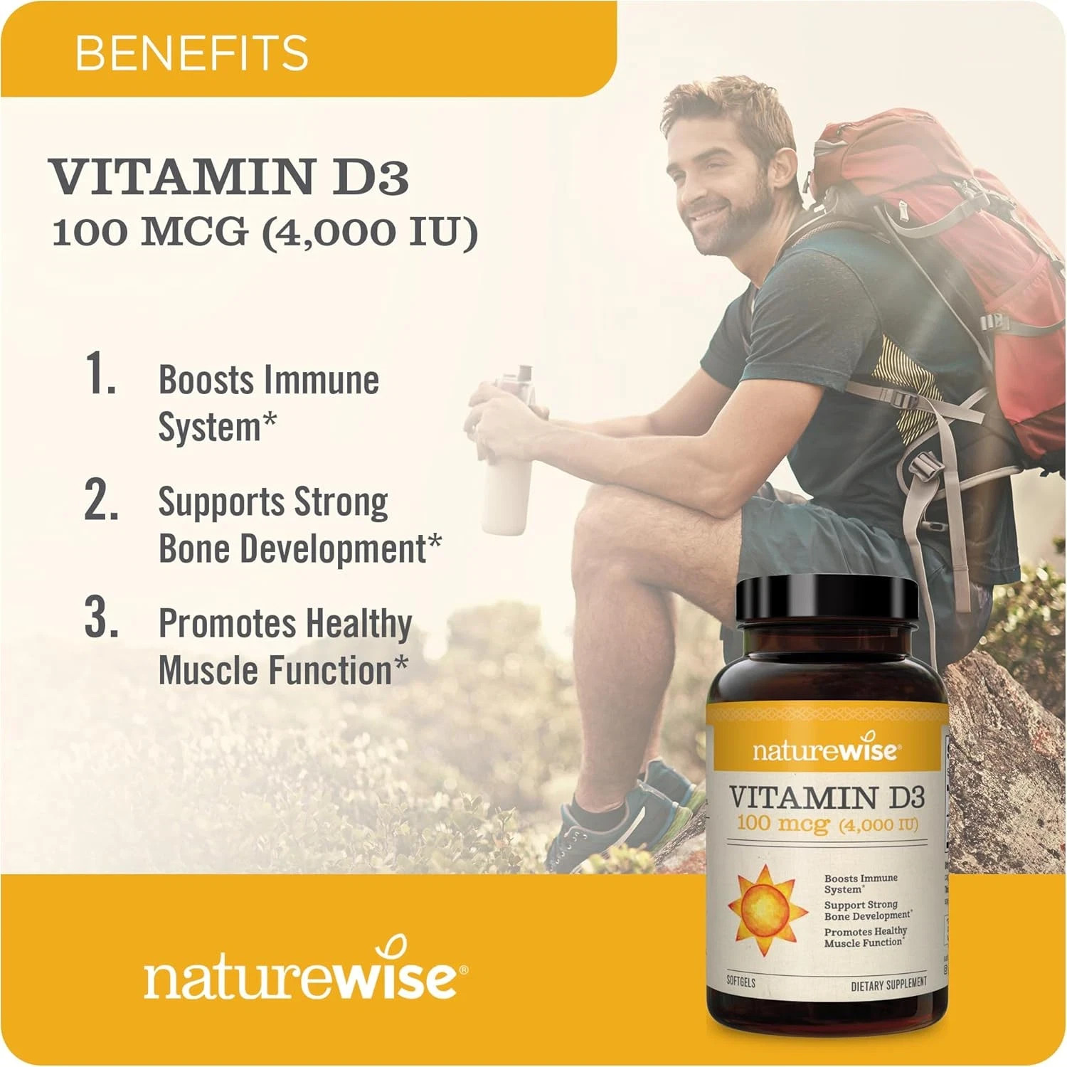 Vitamin D3 4000Iu (100 Mcg) Healthy Muscle Function, and Immune Support, Non-Gmo