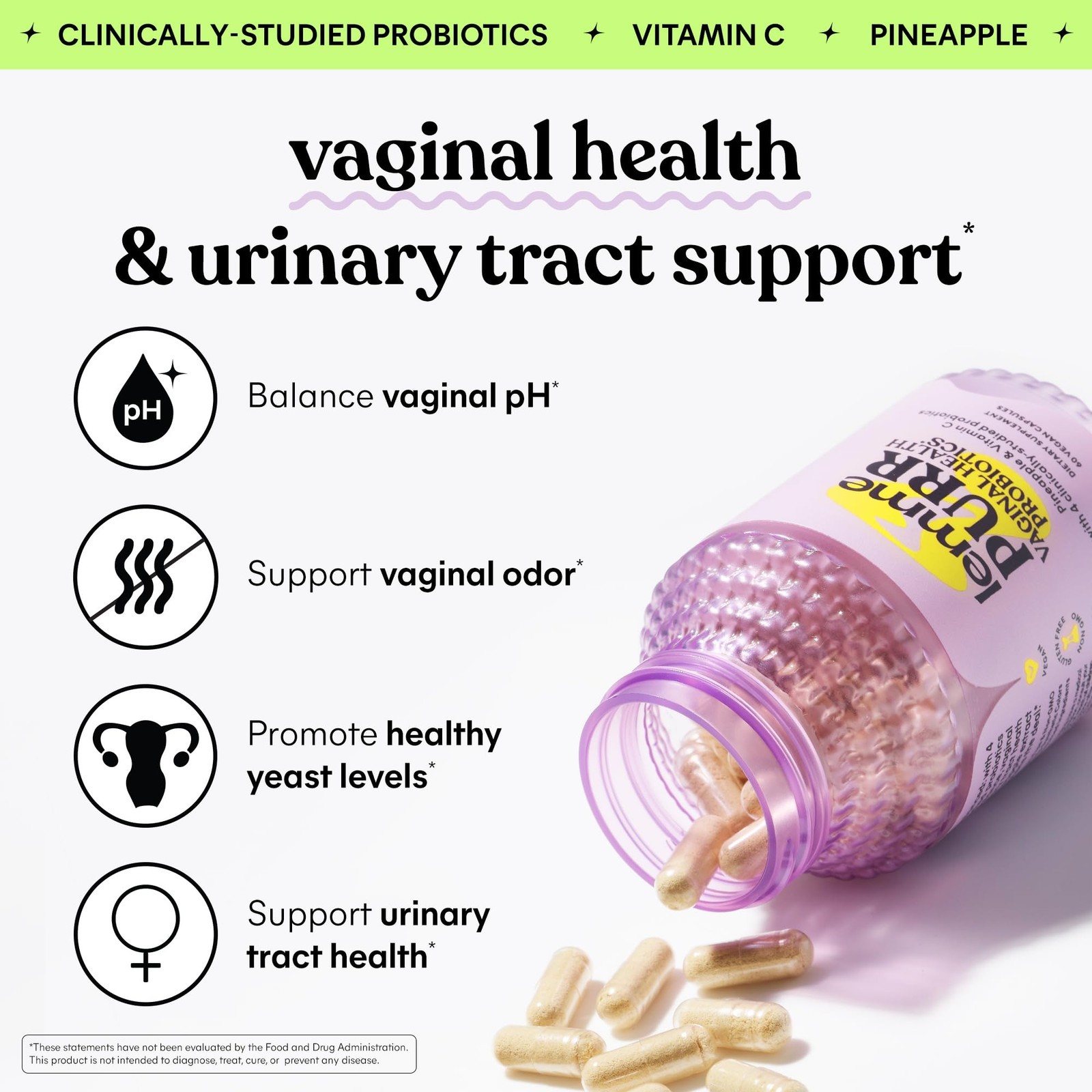 Women’s Vaginal Health Probiotic Capsules 120 Count with Vitamin C & Pineapple