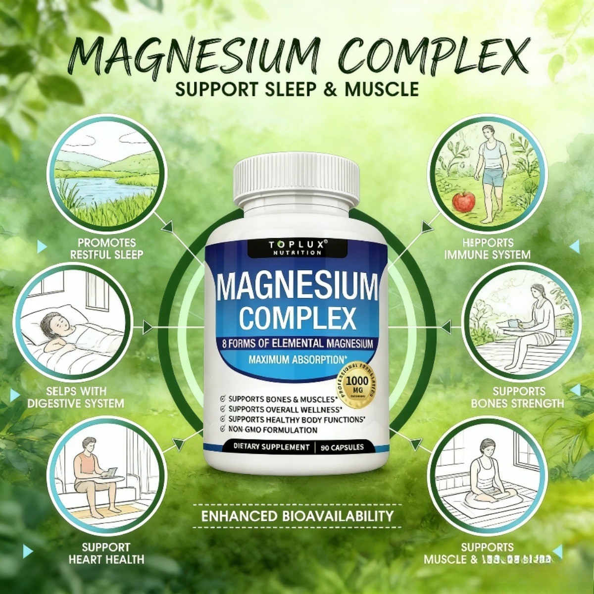 TopLux Magnesium Complex 1000mg. 7 Types designed for Sleep, Muscle & Bone, 90