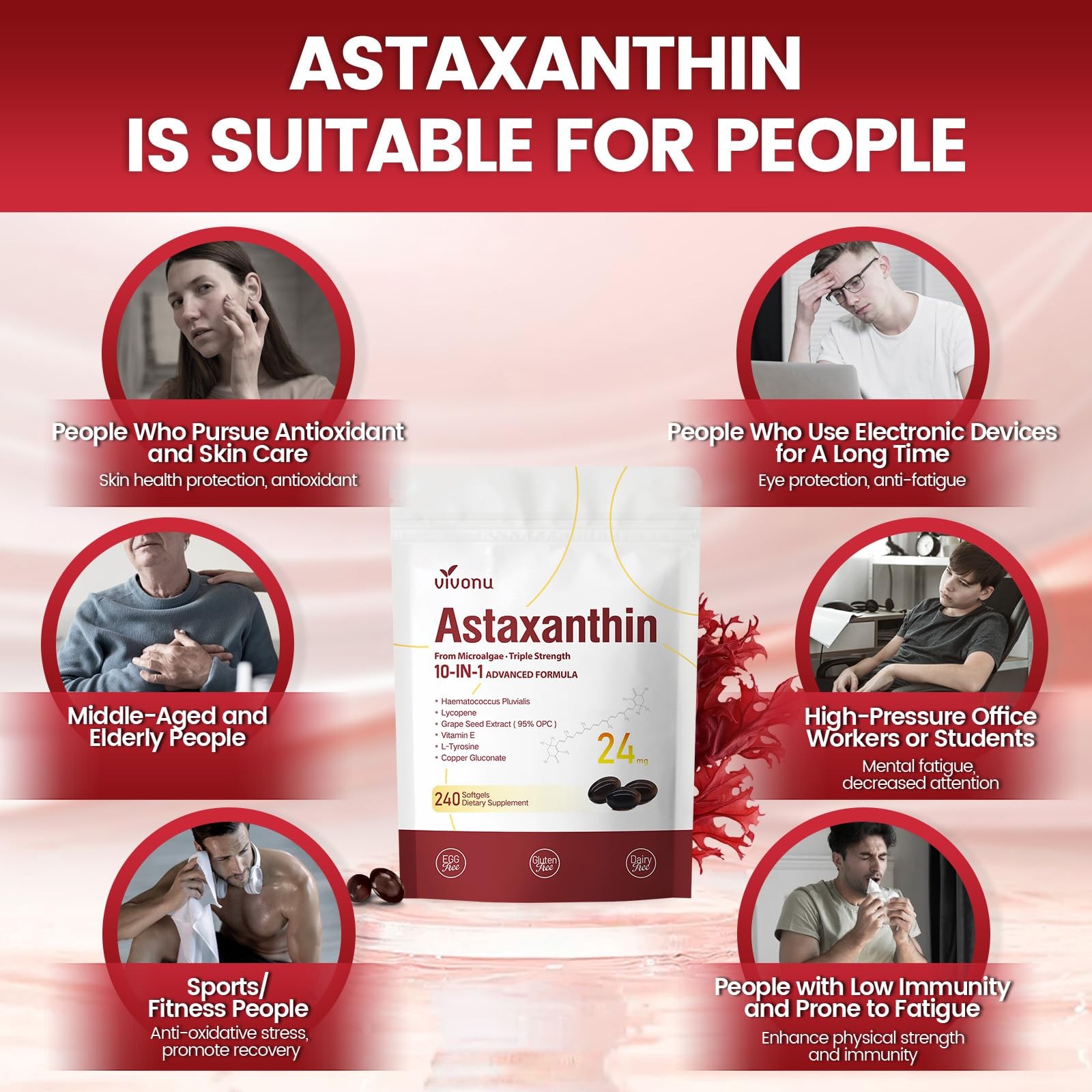 10 in 1 Astaxanthin Supplements 24mg, 4 Month Supply, Astaxantina Antioxidant…