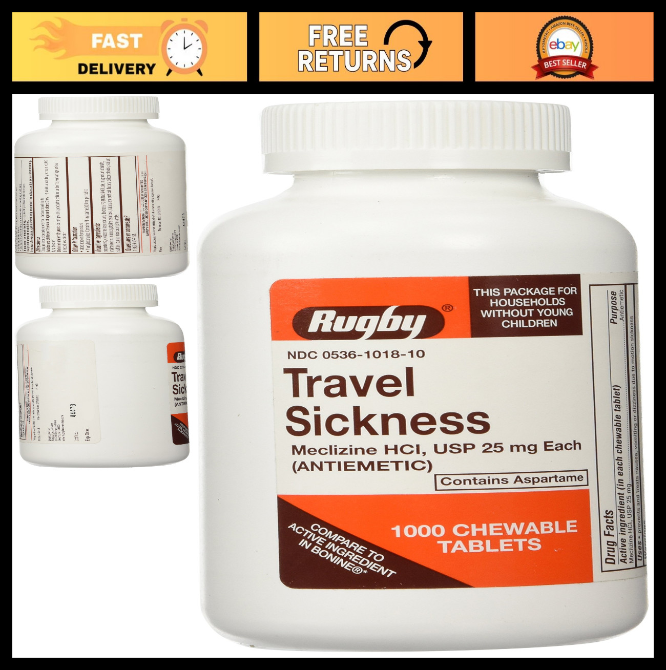 Chewable Meclizine Tablets 25mg – 1000 Count – Motion Sickness Relief, Anti-Naus
