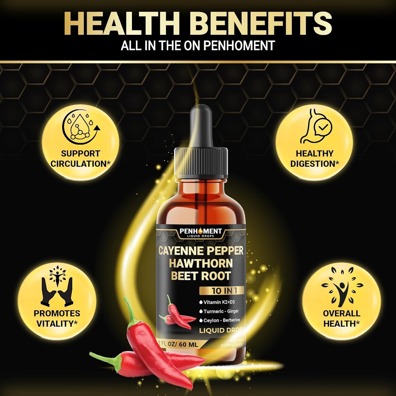 Cayenne Pepper Hawthorn Beet Root Turmeric Vitamin K2+D3 Liquid Drops 60ML – USA