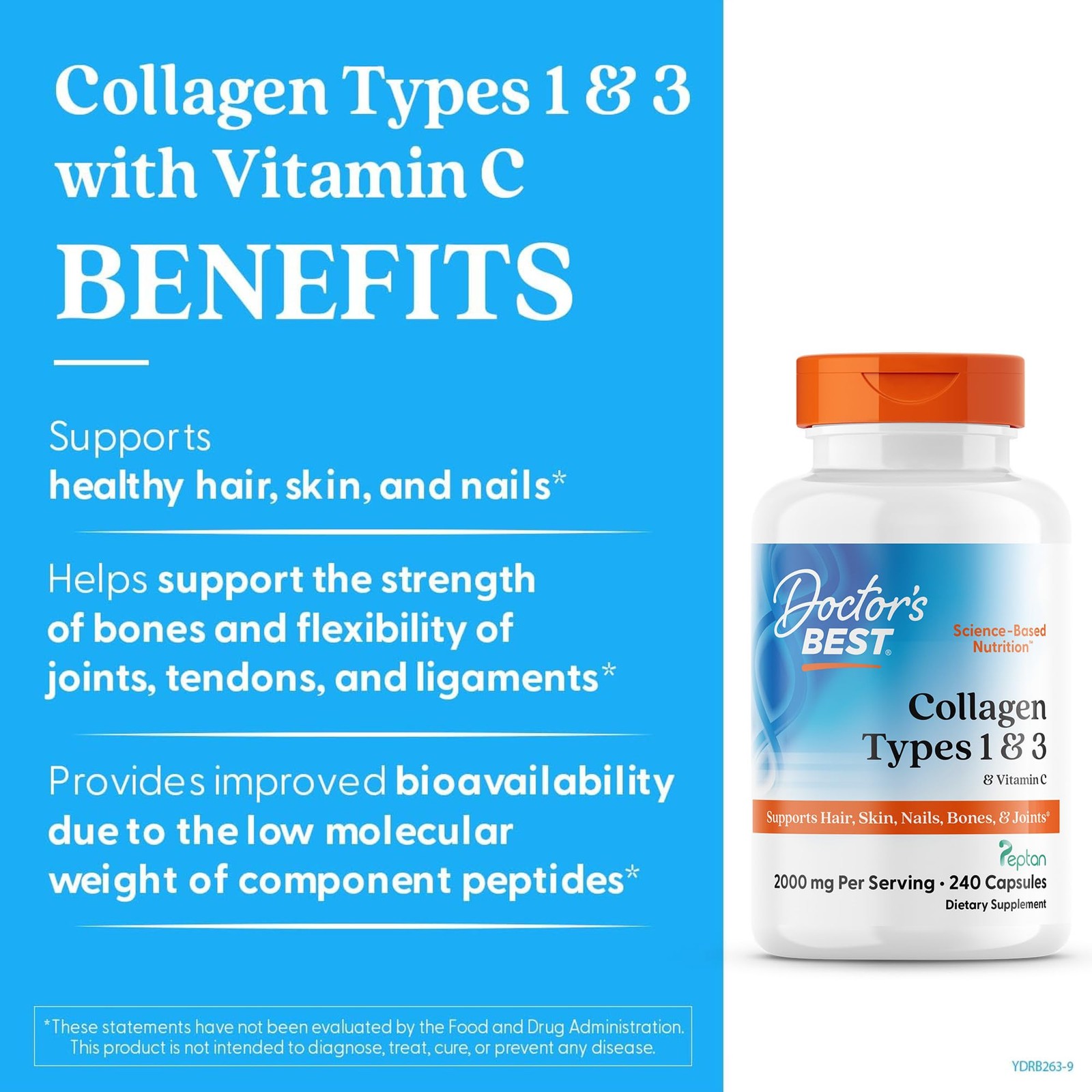 Doctor’s Best Collagen Types 1 & 3 with Vitamin C, 240 Count (Pack of 1)